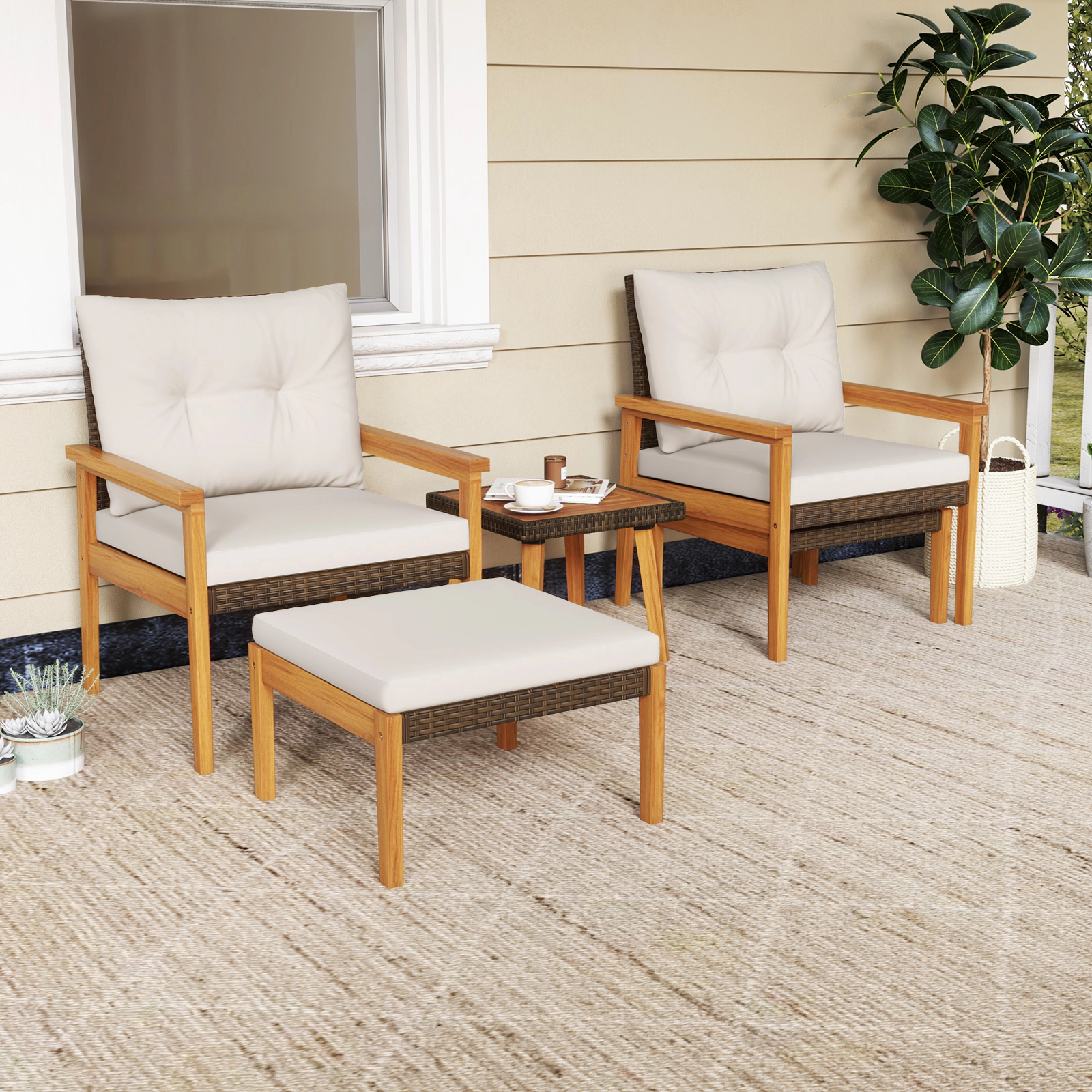 SUGIFT White 2 Ottomans and Square Coffee Table 5-Piece Patio Rattan Chair Set