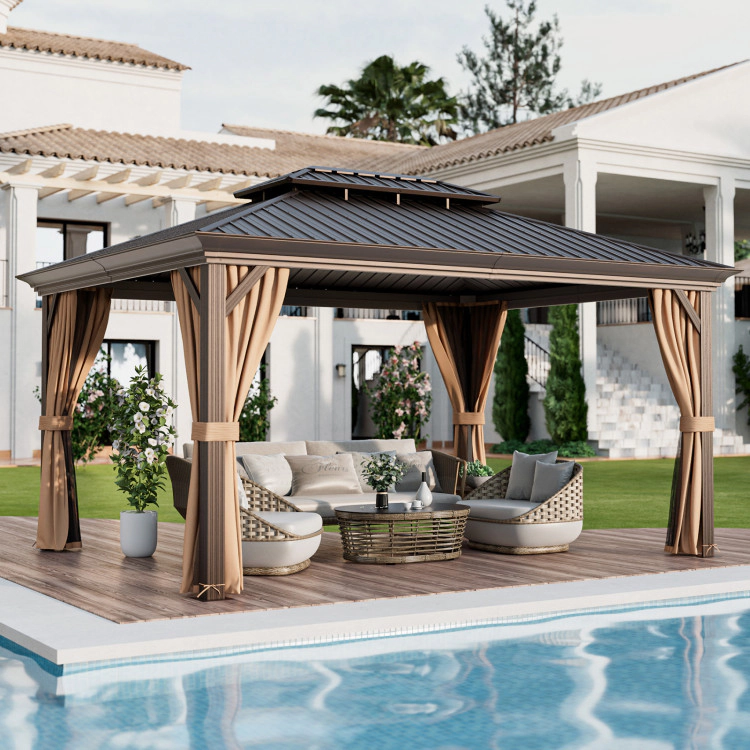 Hivvago 12' X 16' Double-Roof Hardtop Gazebo With Galvanized Steel Roof-Coffee