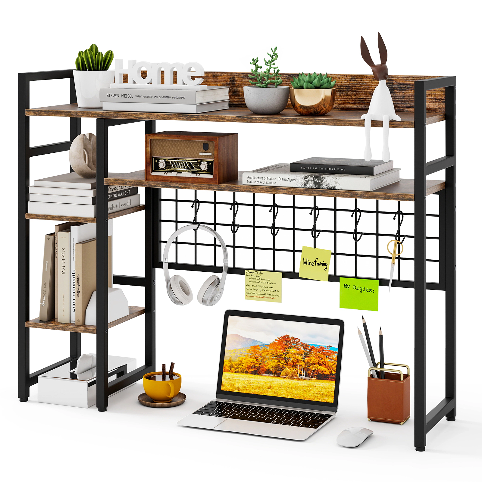 SUGIFT 4-Tier Rustic Brown Desktop Bookshelf with Metal Grid Panel 6 Hooks and Display Rack for Monitor