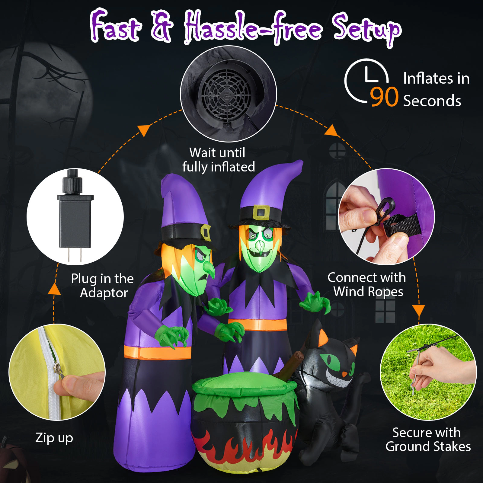 Glintex 6-Ft Inflatable Halloween Witches with Cauldron and Black Cat, Multicolor