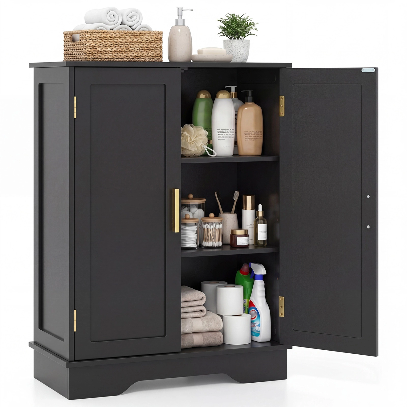SUGIFT 2-Door 3-Tier Adjustable Shelves Bathroom Floor Storage Cabinet 23.5-in x 12-in x 31.5-in 44-lb Top Black