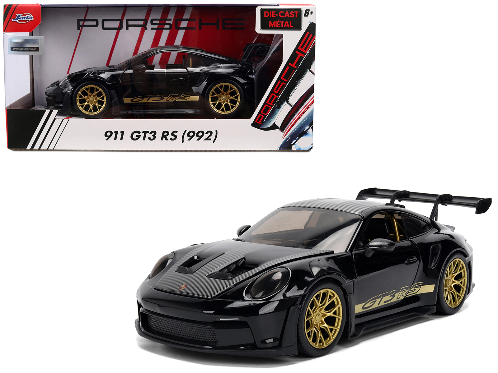 Porsche 911 (992) GT3 RS Black with Carbon Top and Hood Stripes 1/24 Diecast Model Car by Jada