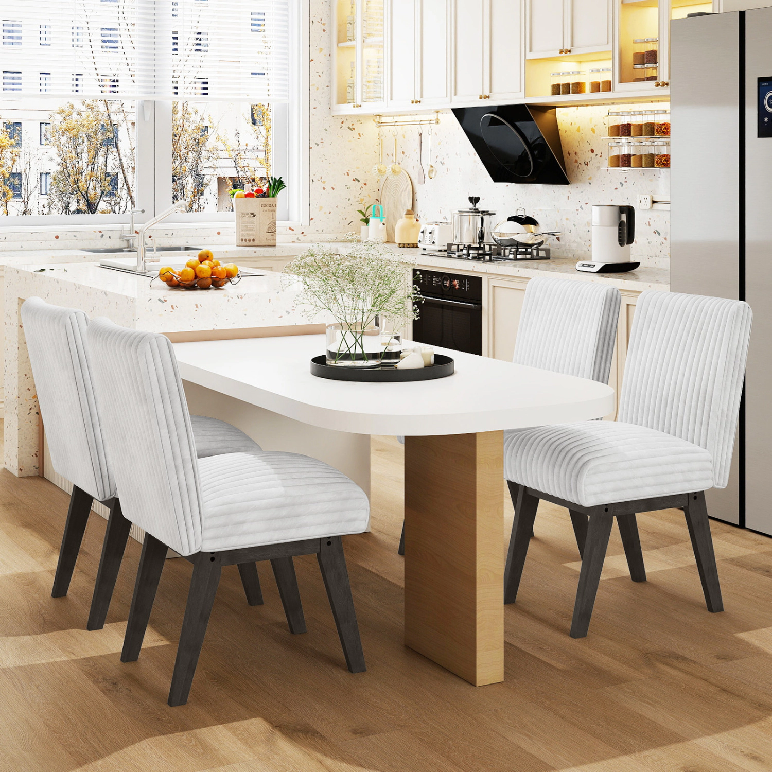 LJG Dining Chairs Set of 4 Fabric Upholstered Kitchen Chairs with Padded Seat and Rubber Wood Legs