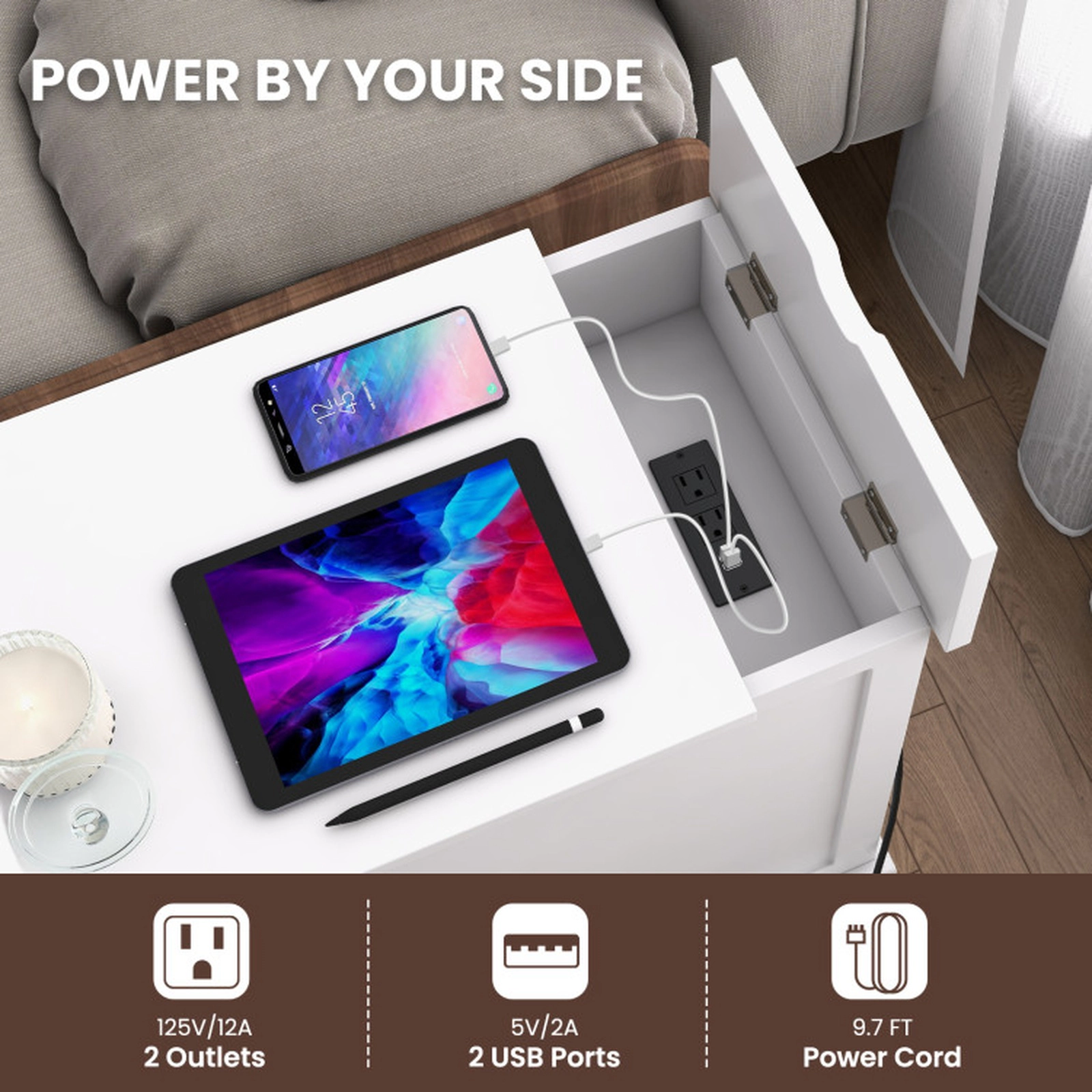 SUGIFT End Table with Charging Station and Flip Top 66-lb Tabletop Capacity 2-Outlet 2-USB White