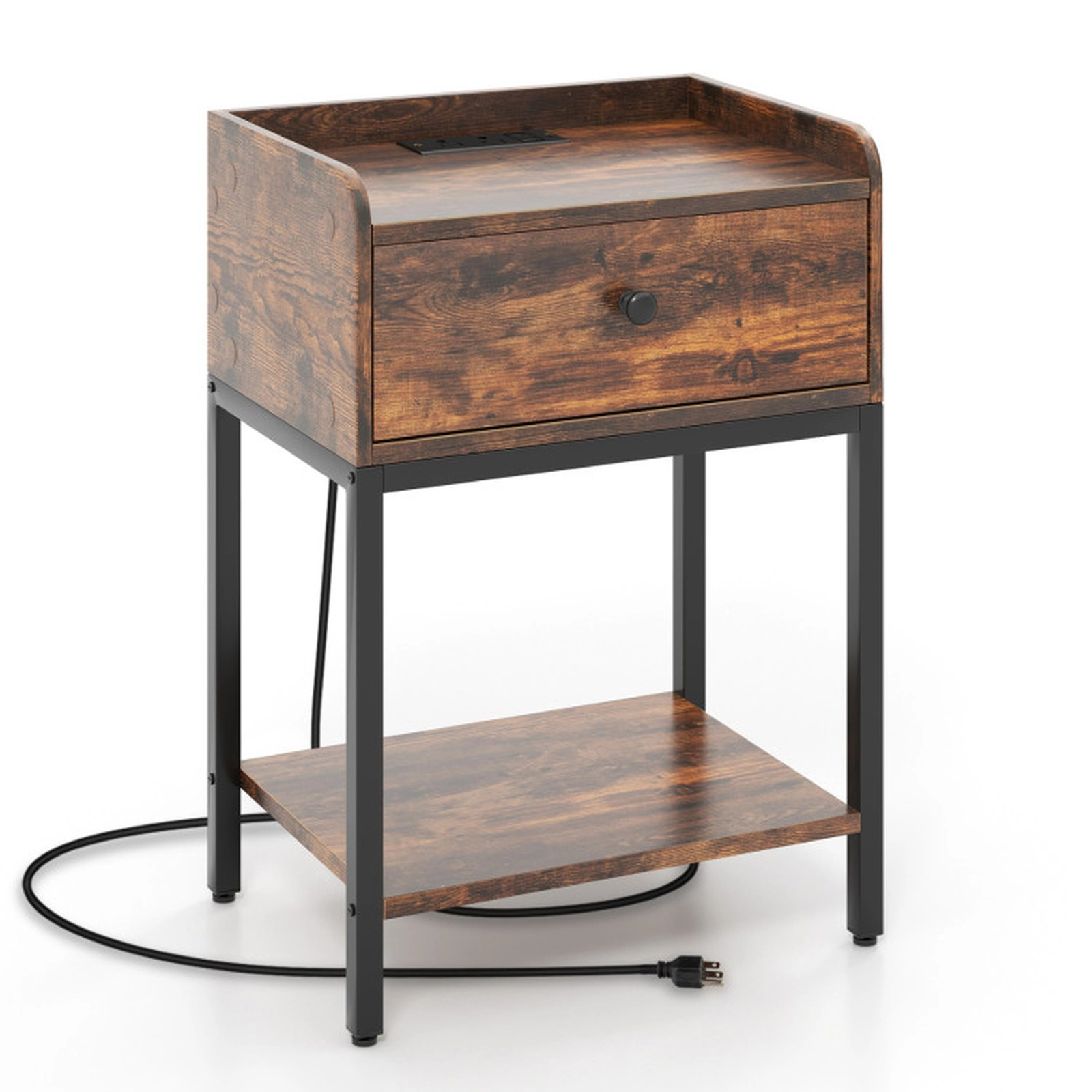 SUGIFT Industrial Bedside Nightstand with Charging Station & Drawer 70-lb Tabletop Capacity Rustic Brown Engineered Wood
