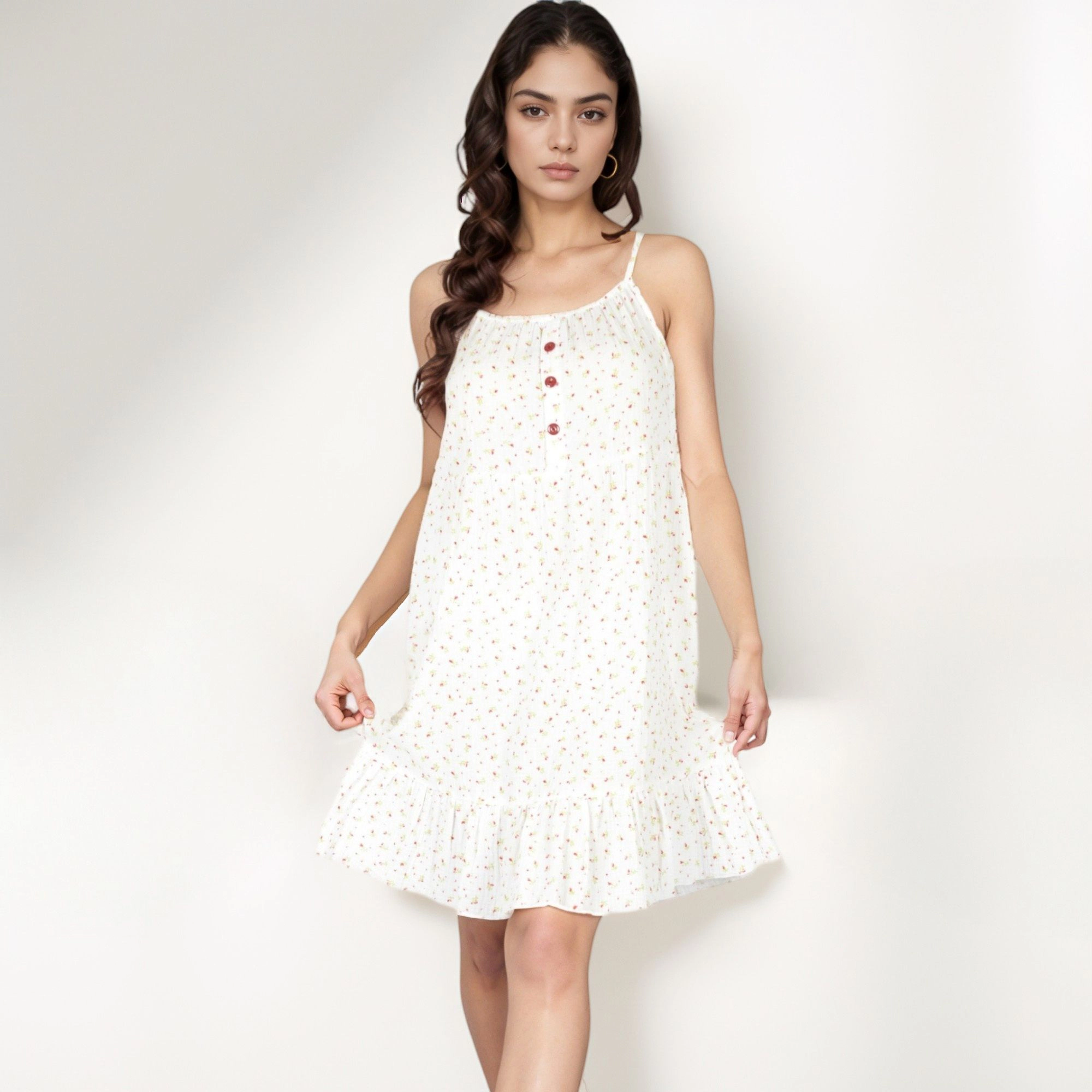 Anna-Kaci Women's Sleeveless Mini Floral Button Front Detail Ruffle Hem Sleepdress