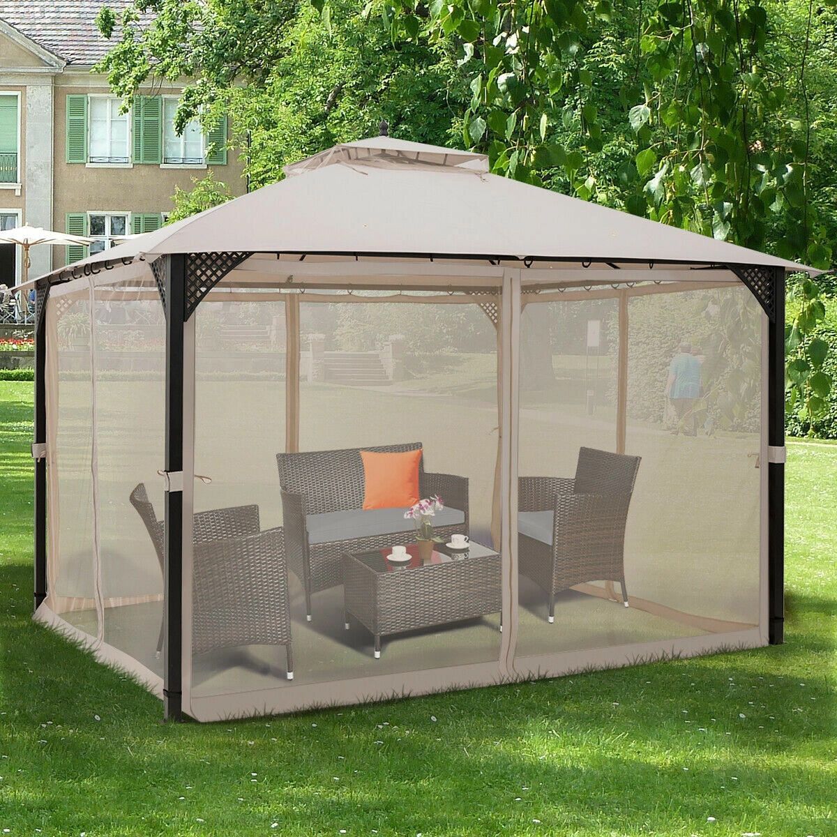 SUGIFT Beige Steel Frame and 8 Ground Stakes 12 x 10 ft Outdoor Double Top Patio Gazebo