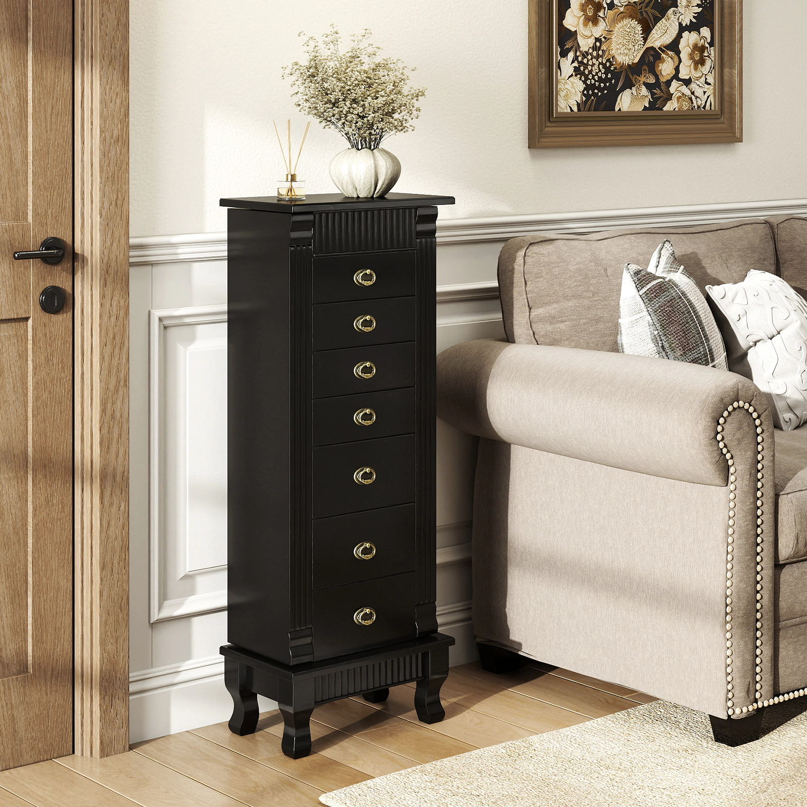SUGIFT Wooden Jewelry Armoire Storage Chest with 7 Drawers and Side Swing Doors