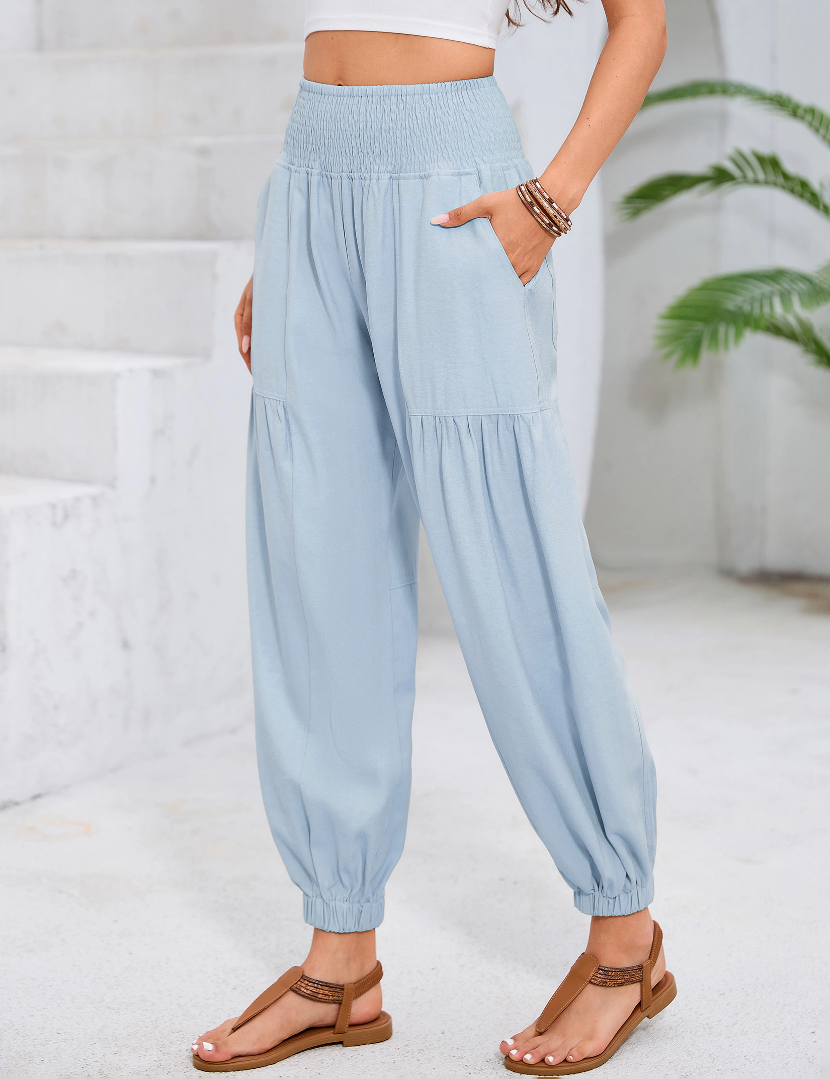 KOJOOIN Women's Smocked High Waist Pants Loose Casual Lounge Trousers with Pockets
