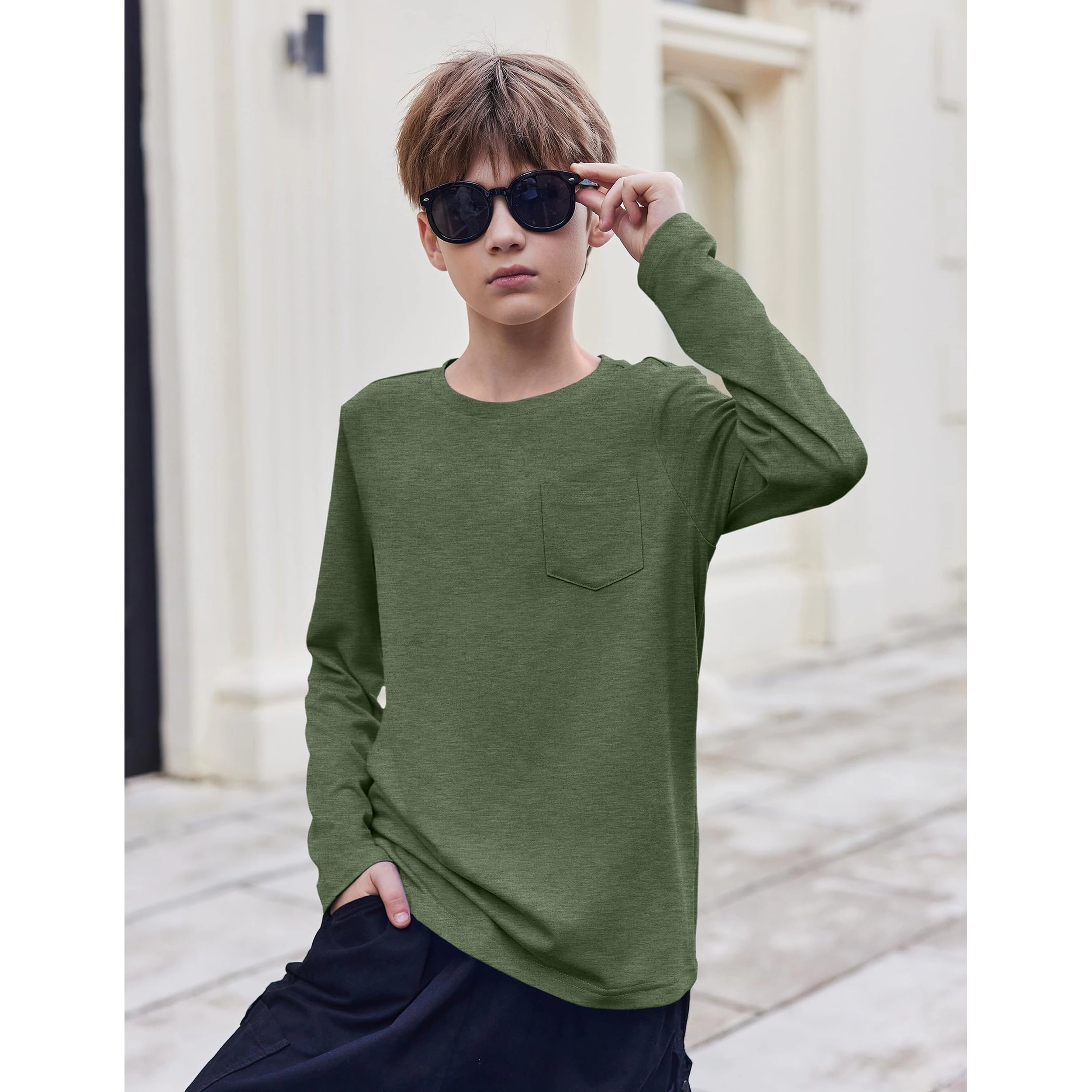 Arshiner Boy's Long Sleeve Crewneck Solid T-Shirt with Chest Pocket