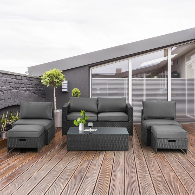 Hivvago 6 Pieces Patio Rattan Furniture Set With Glass Table And Cushioned Seat