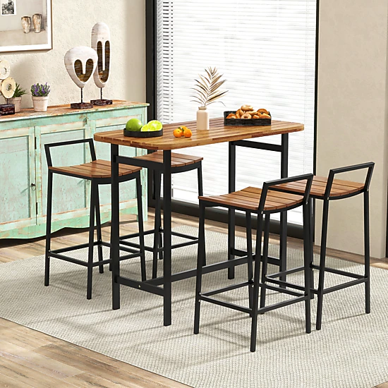 LJG 5 Piece Acacia Wood Bar Table Set Bar Height Table and Chairs with Metal Frame and Footrest