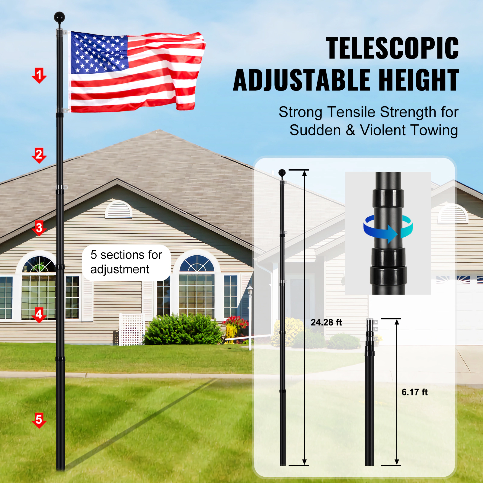 HONGGE Telescoping Flag pole Kit Heavy Duty Aluminum Alloy in Ground Flag Poles for Outside 3 Display Modes Flagpole