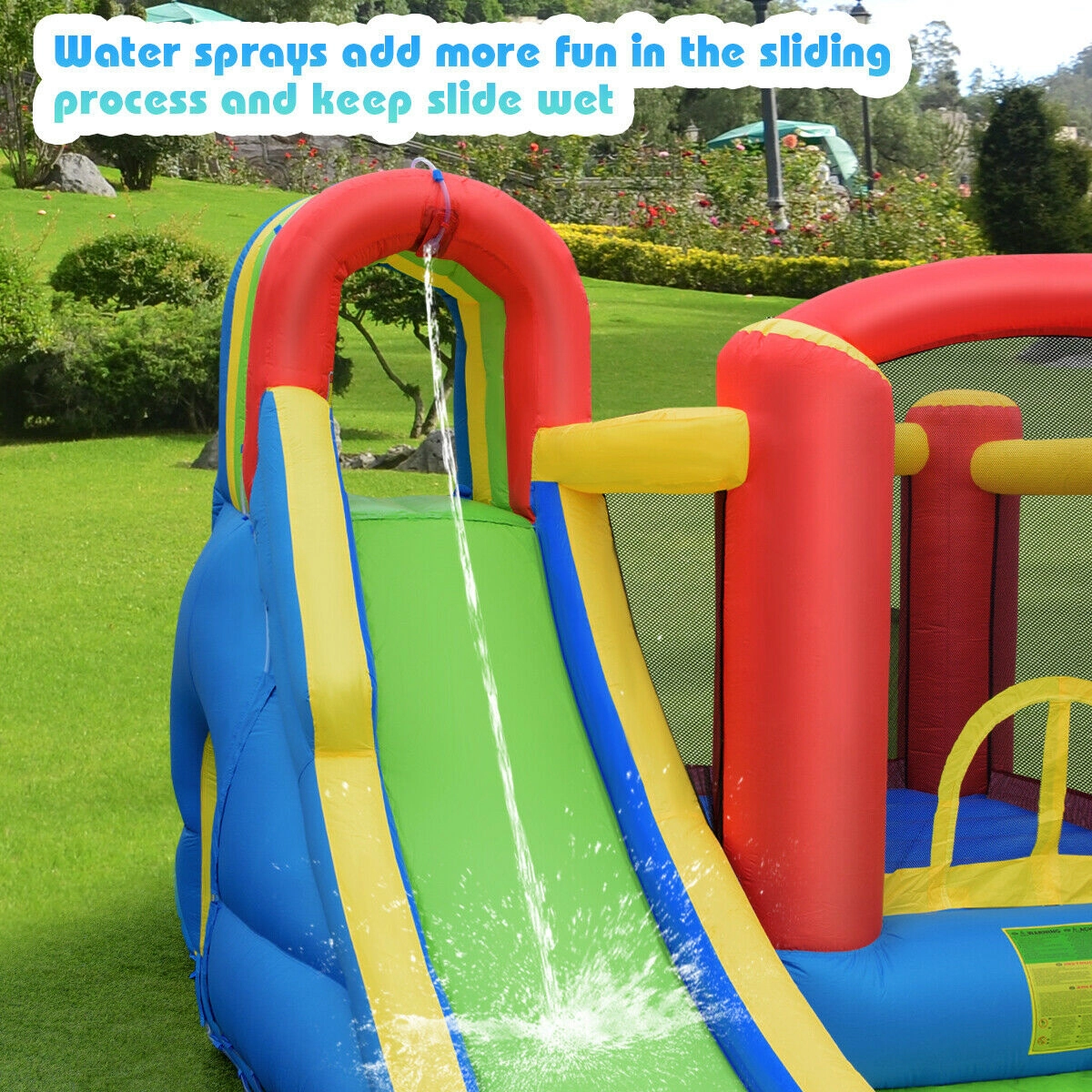 SUGIFT Inflatable Bounce House Castle with Curved Water Slide Tunnel Dart Board and 740W Blower