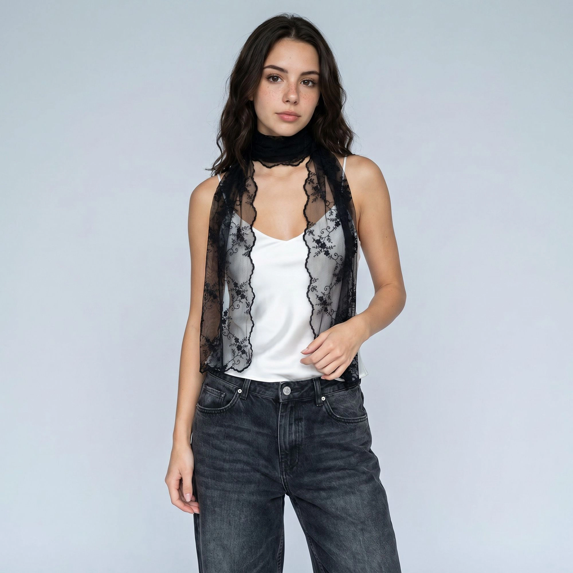 Anna-Kaci Women's Sheer Embroidered Skinny Scarf with Floral Lace Trim and Long Neck Tie Design