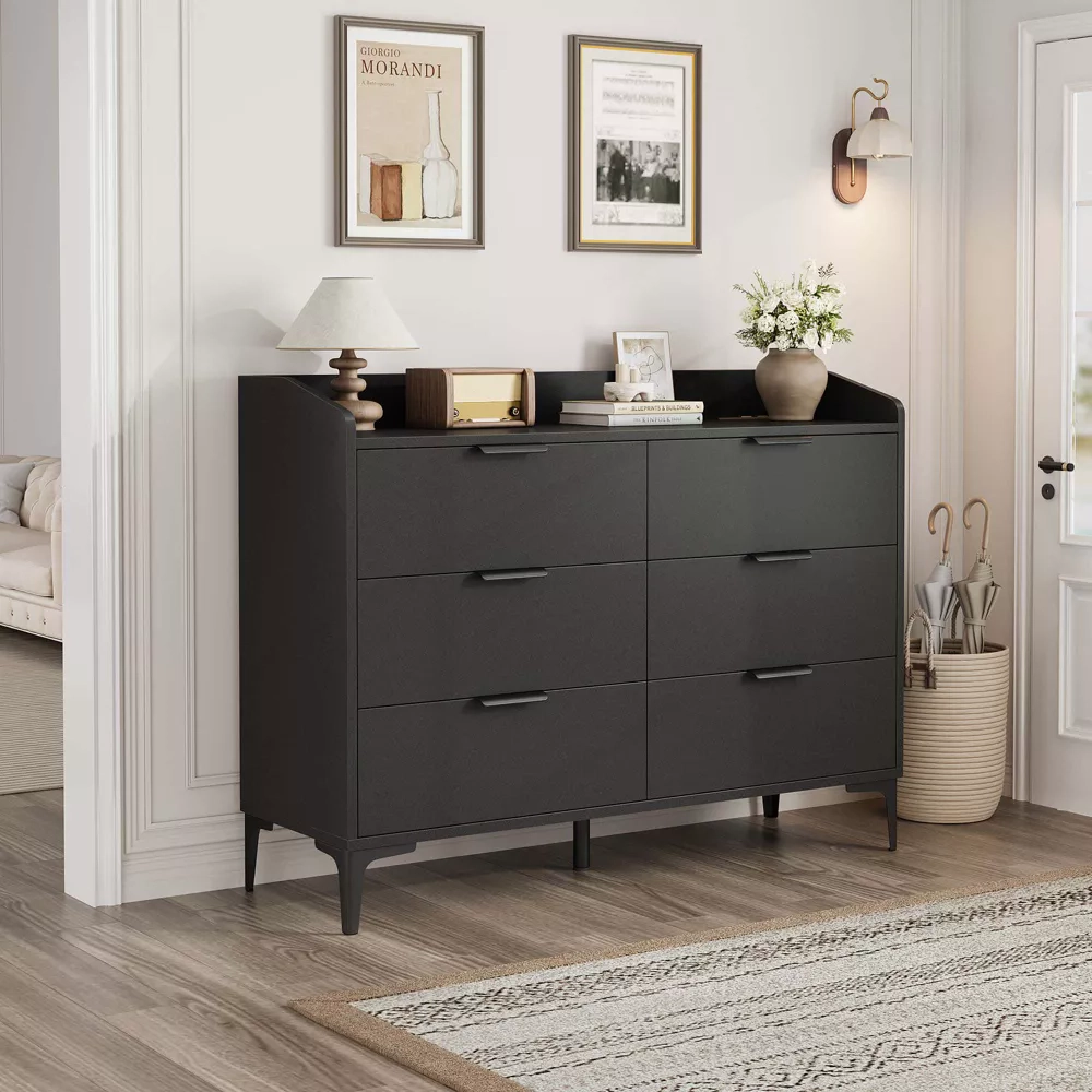 6 Drawer Dresser with Power Outlets & USB Ports, 47.2" Wide Modern Wooden Storage Chest for Bedroom