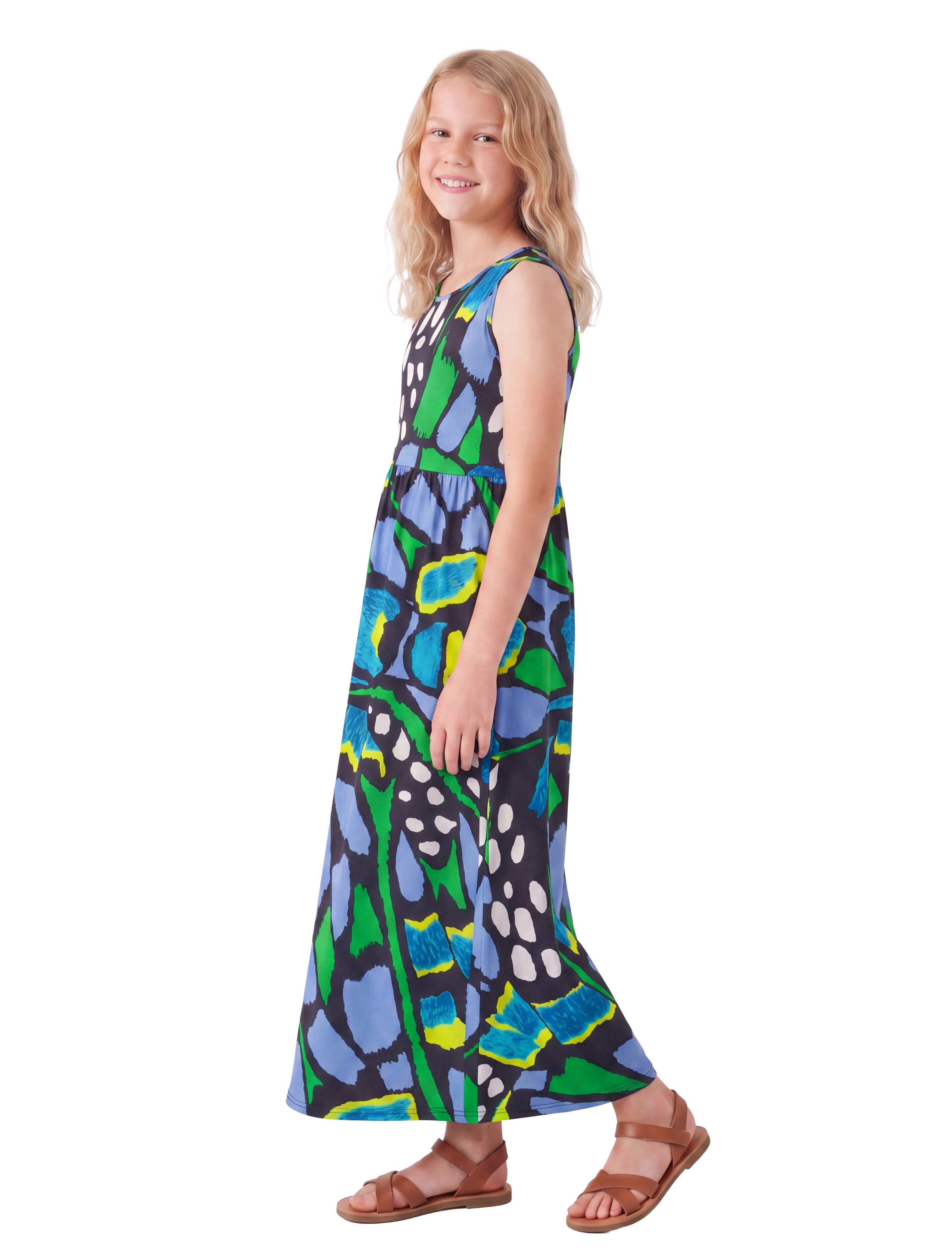 24sevenKid Essential Girls Blue Butterfly Print Sleeveless Maxi Pocket Dress