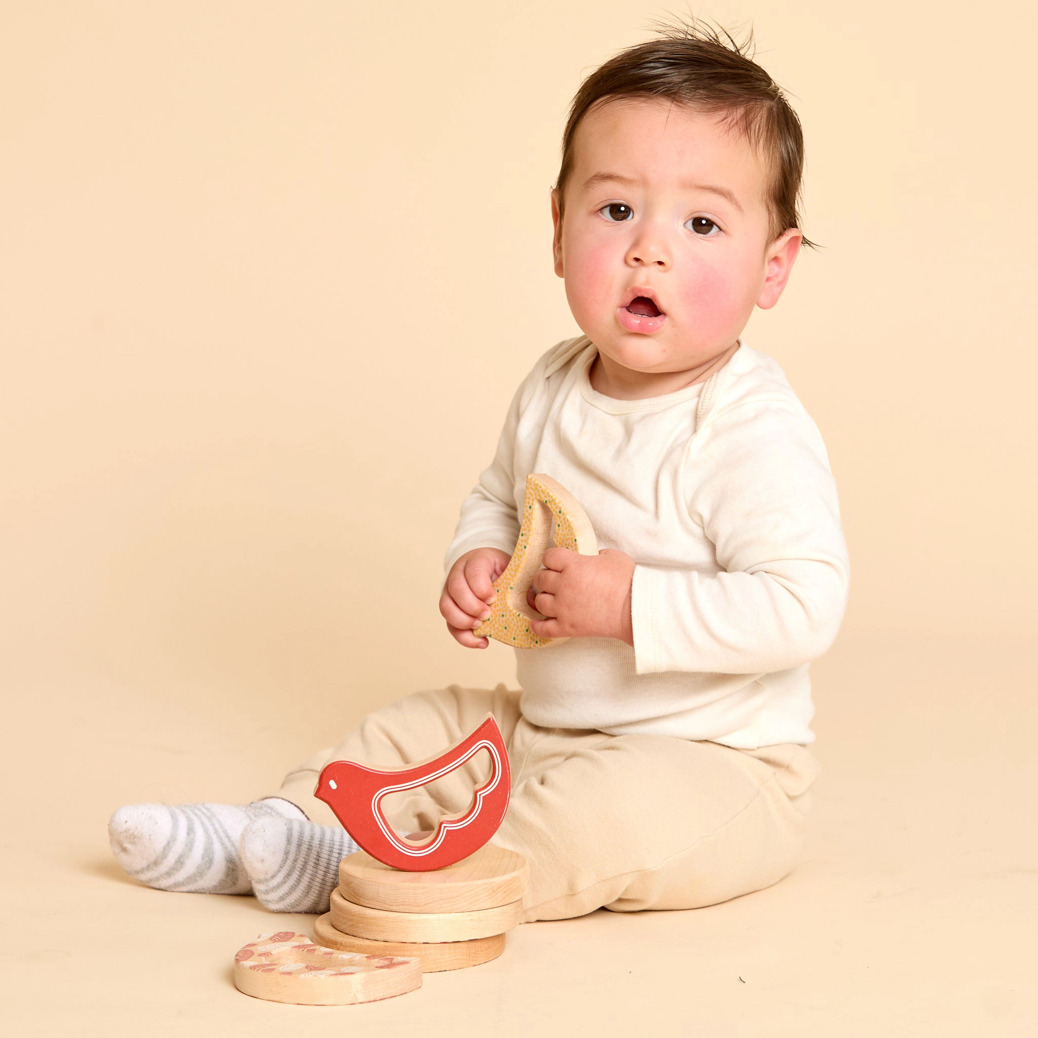 Solid Maple Wood Bird Rattle & Teether, Red Print and Etched, Natural Baby Toy Made in USA