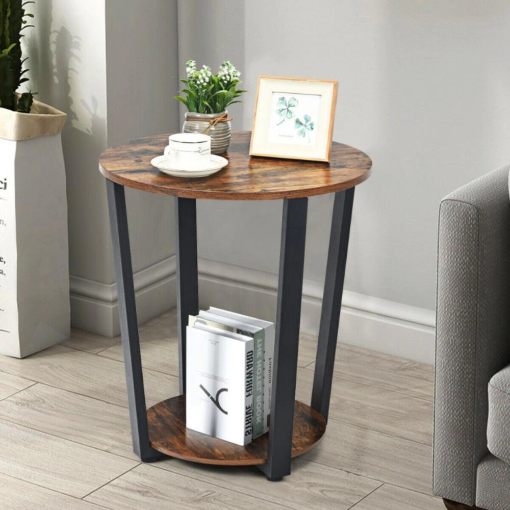 Hivvago 2-Tier Round End Table With Storage Shelf And Metal Frame