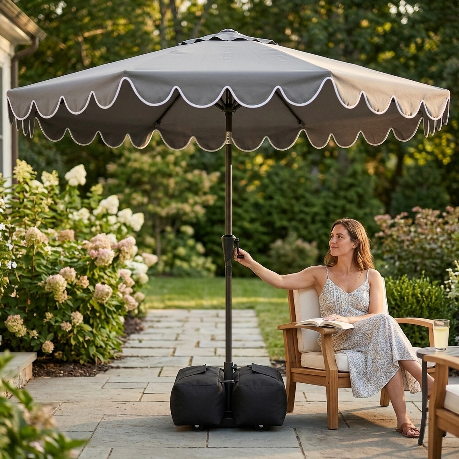 SUGIFT 10-ft Gray Market Patio Umbrella, Double-Tier Ruffled Canopy, Tilt, Crank Lift, 2 Sandbags