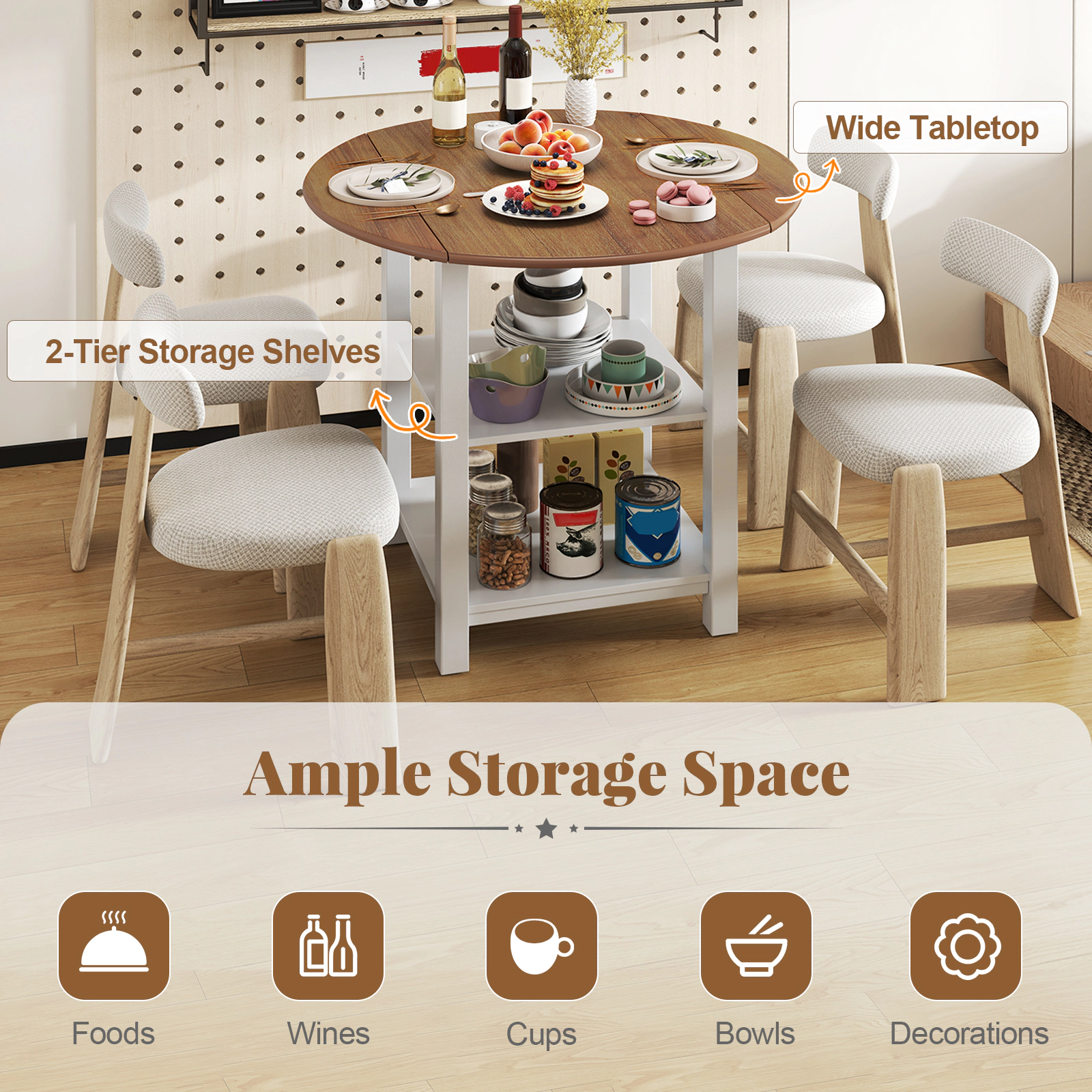 SUGIFT 40-Inch Round Counter-Height Drop-Leaf Folding Dining Table with 2 Storage Shelves