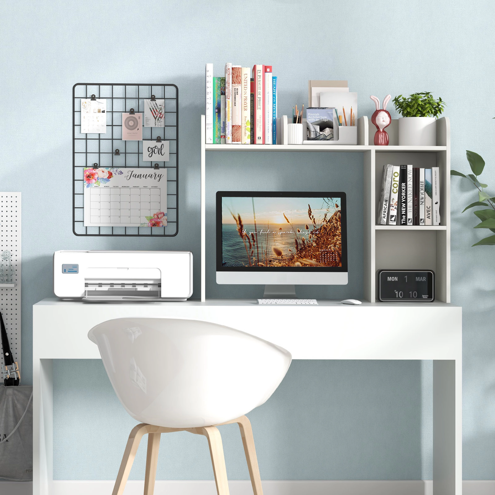 SUGIFT 3-Tier Multipurpose Engineered Wood Desk Bookshelf with 4 Shelves 37-in Wide 100-lb Capacity White