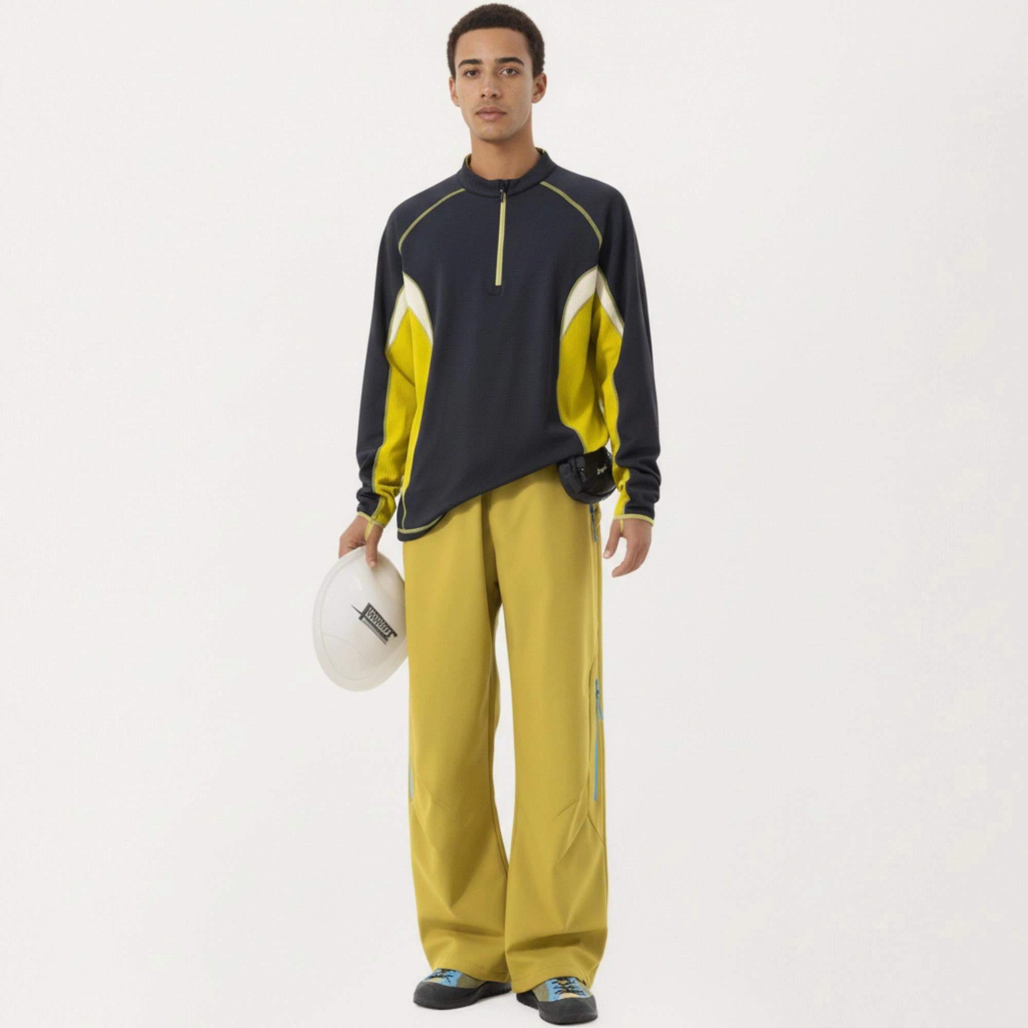 Anna-Kaci Men's Long Sleeve Half-Zip Pullover Top with Color Block Panels and Contrast Seam Detailing