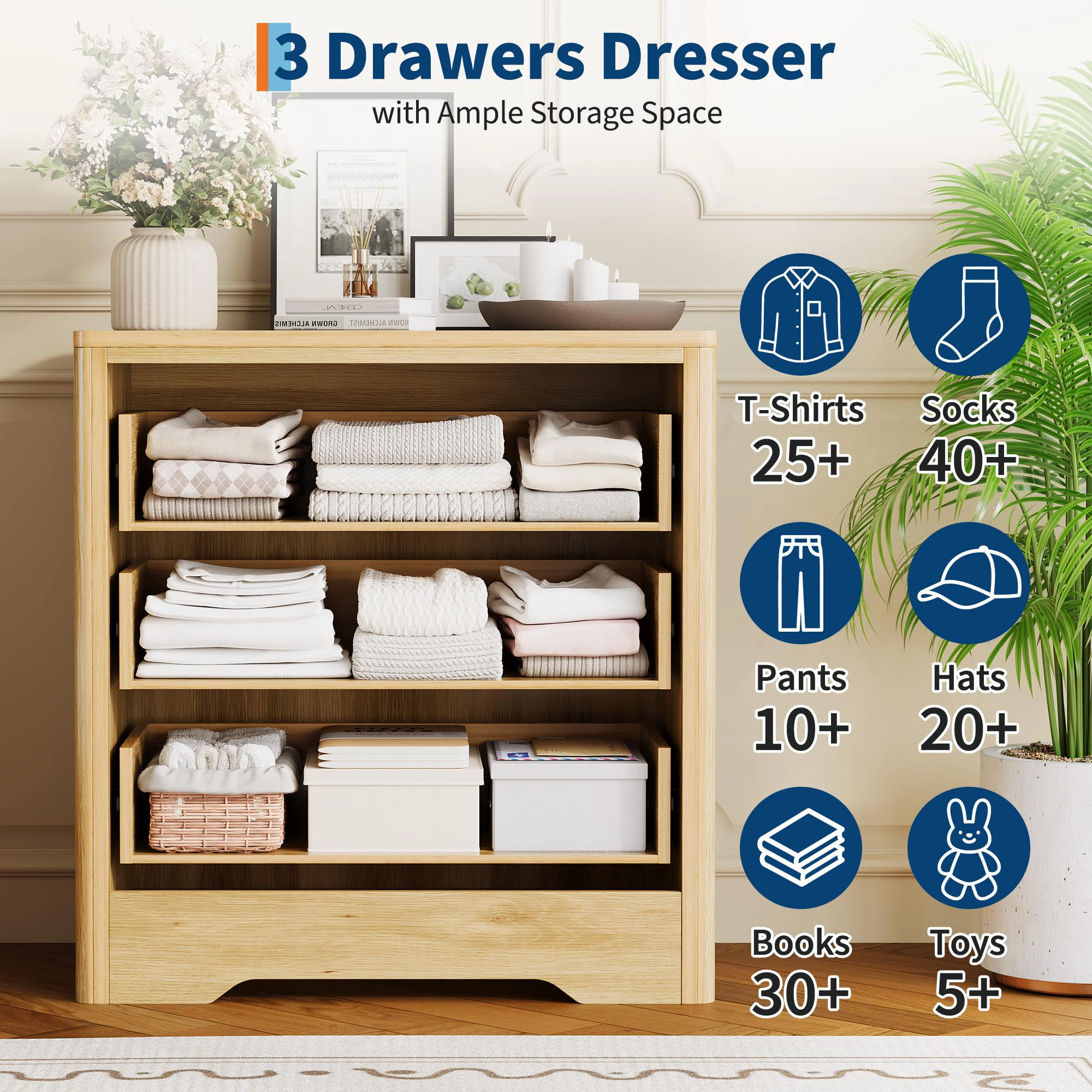 30.4" Tall 3 Drawer Wood Dresser with Decorative Fronts & Crystal Knobs, Bedroom Storage Chest