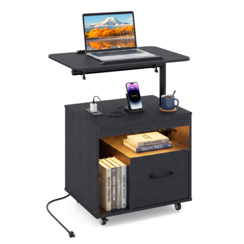 Hivvago Led Nightstand With Power Outlets Modern Bedside Table Flip Over