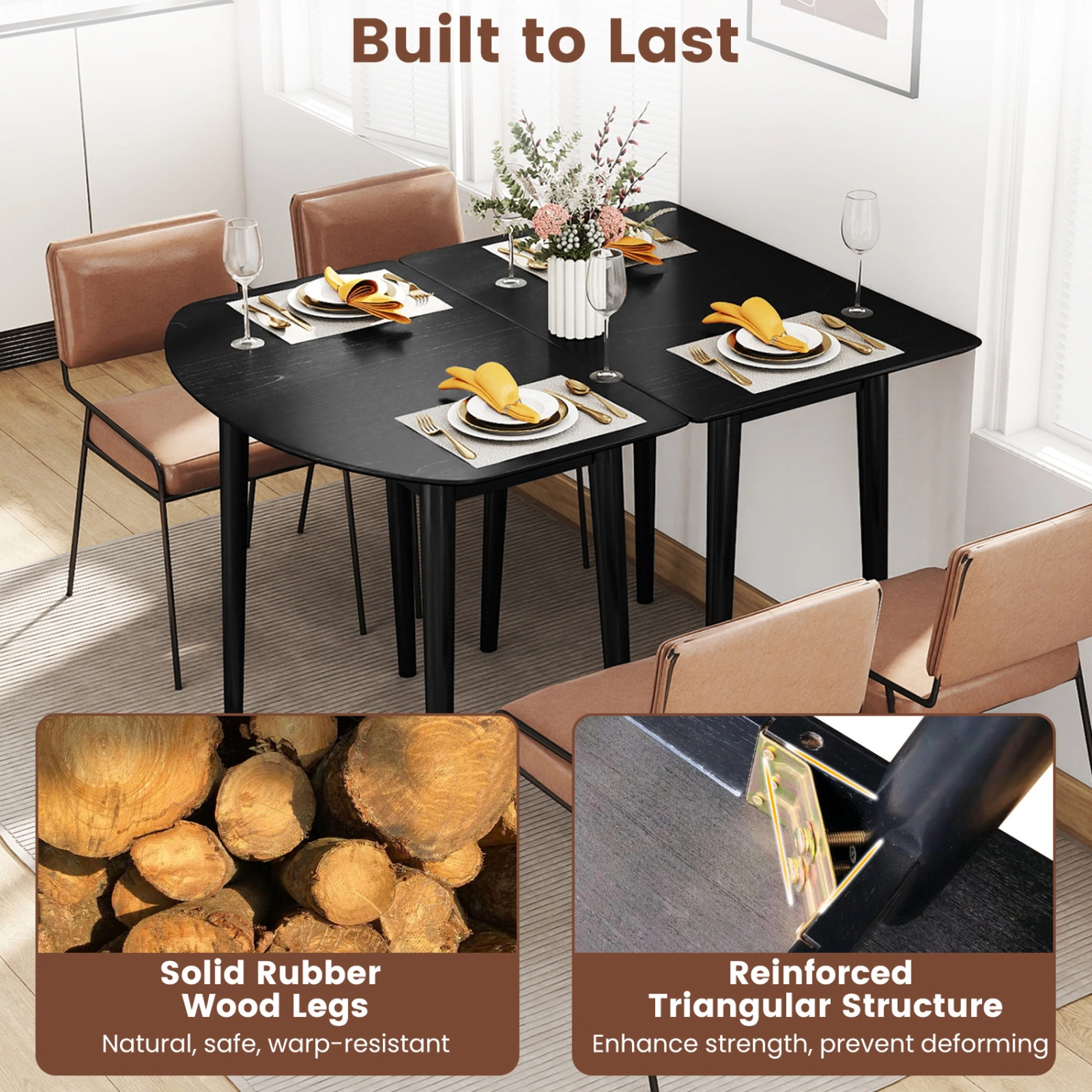 SUGIFT Black Modular Oval Dining Table Set, 2 Half-Round Tables for 4 to 6