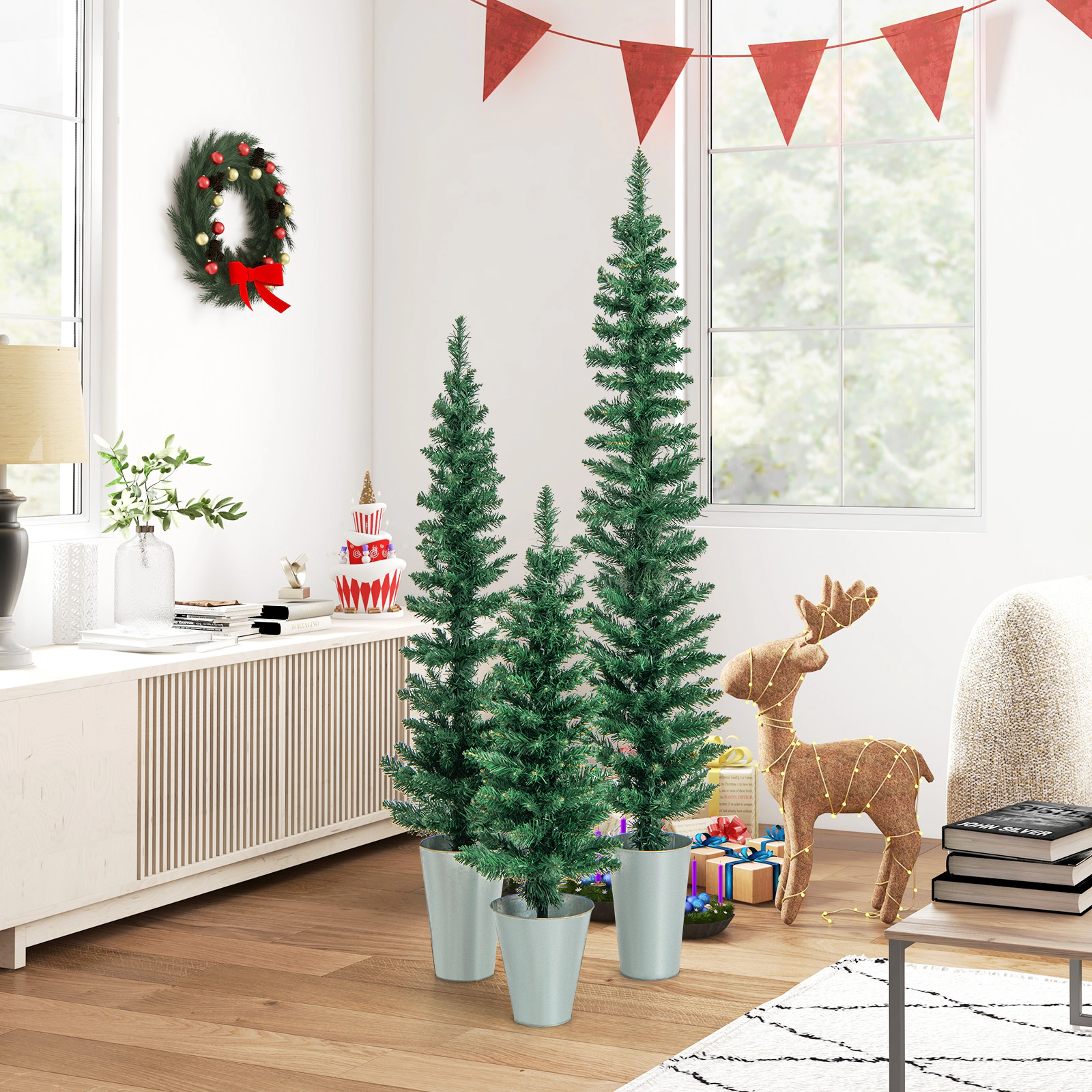 LJG Set of 3 Potted Artificial Christmas Tree with Silver Metal Buckets