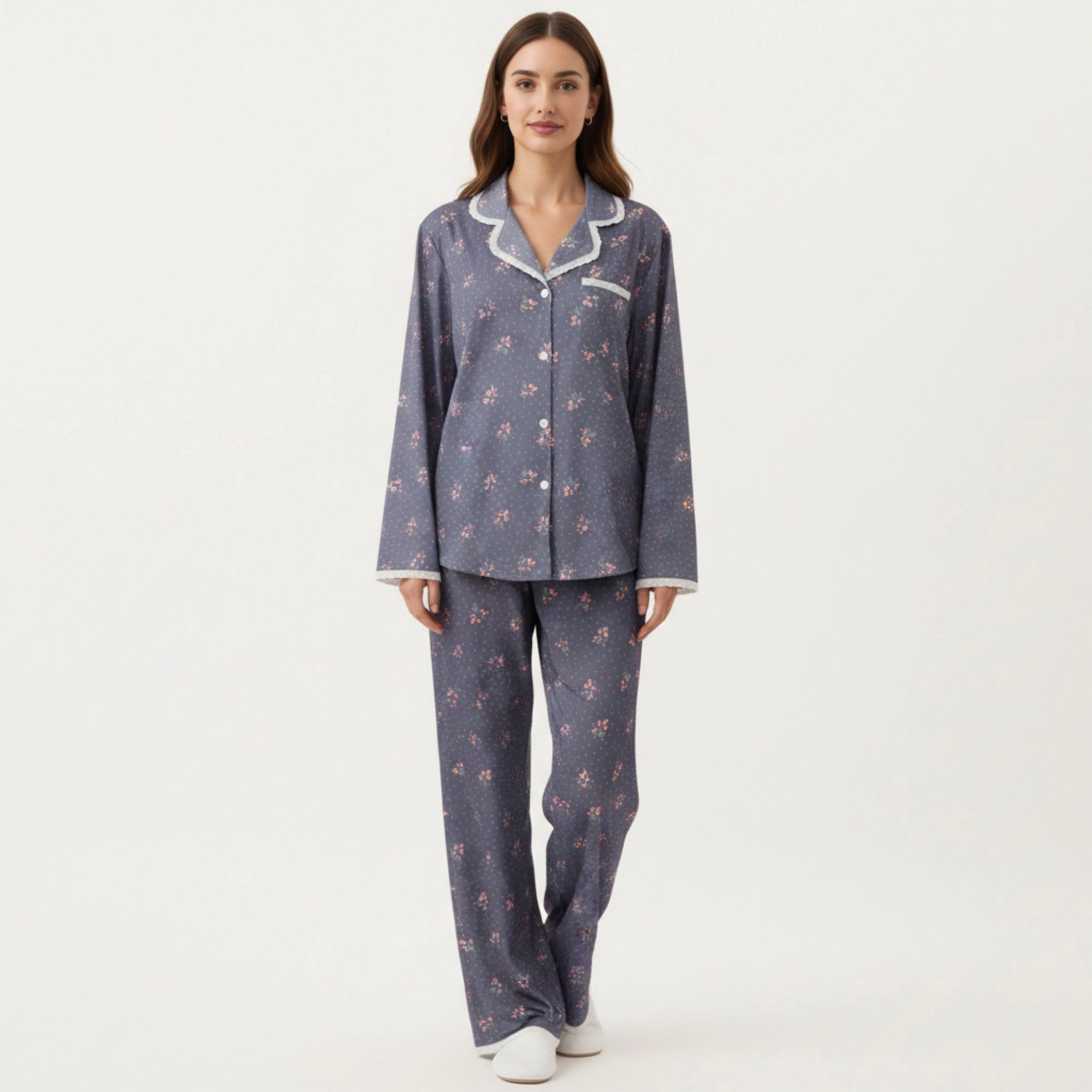 Anna-Kaci Women's 2-Piece Floral Print Pajama Top with Button Front and Trim Details Paired Matching Pants