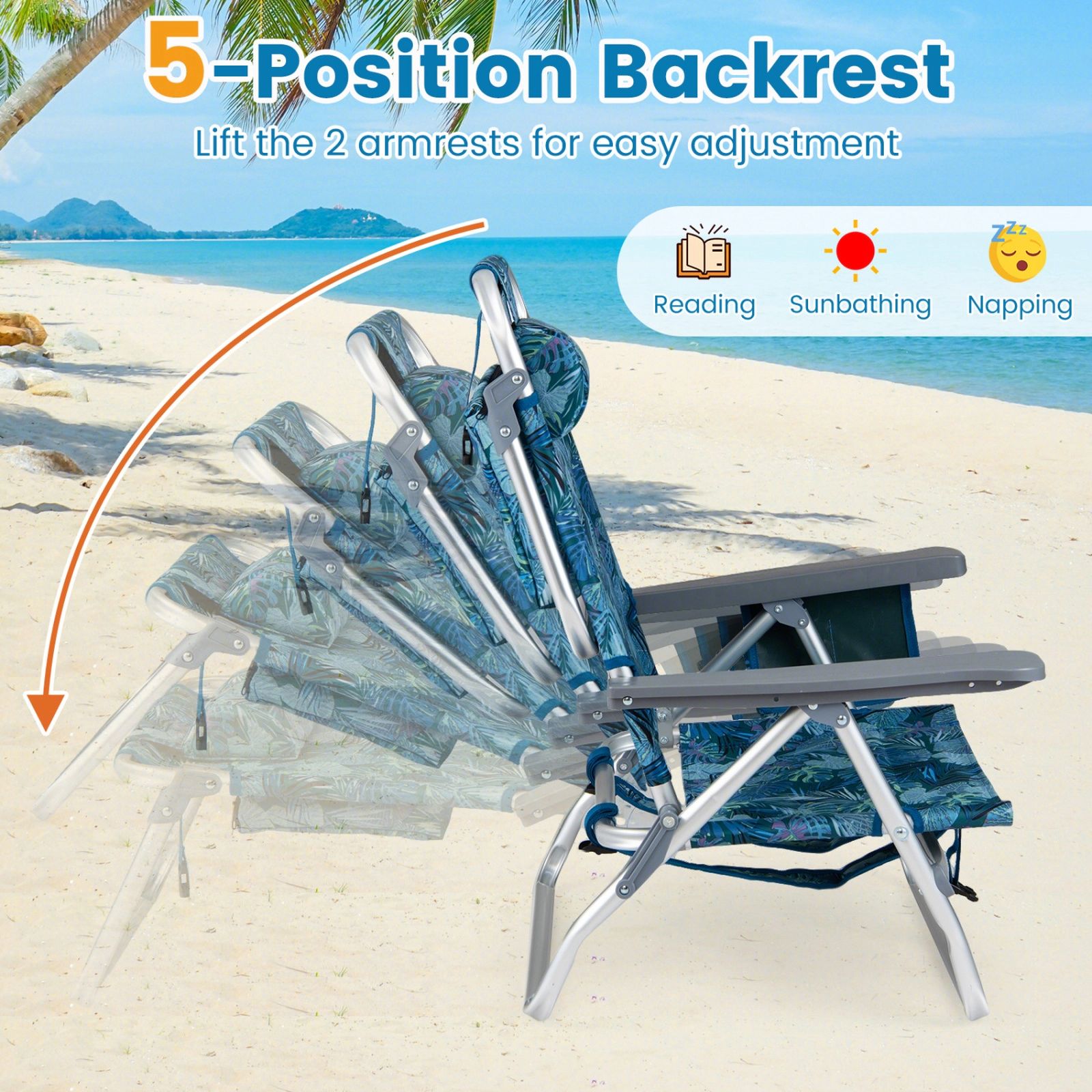 SUGIFT Portable Folding Backpack Beach Recliner Chair 330-lb Capacity 5-Position Backrest & Padded Headrest Peacock Blue