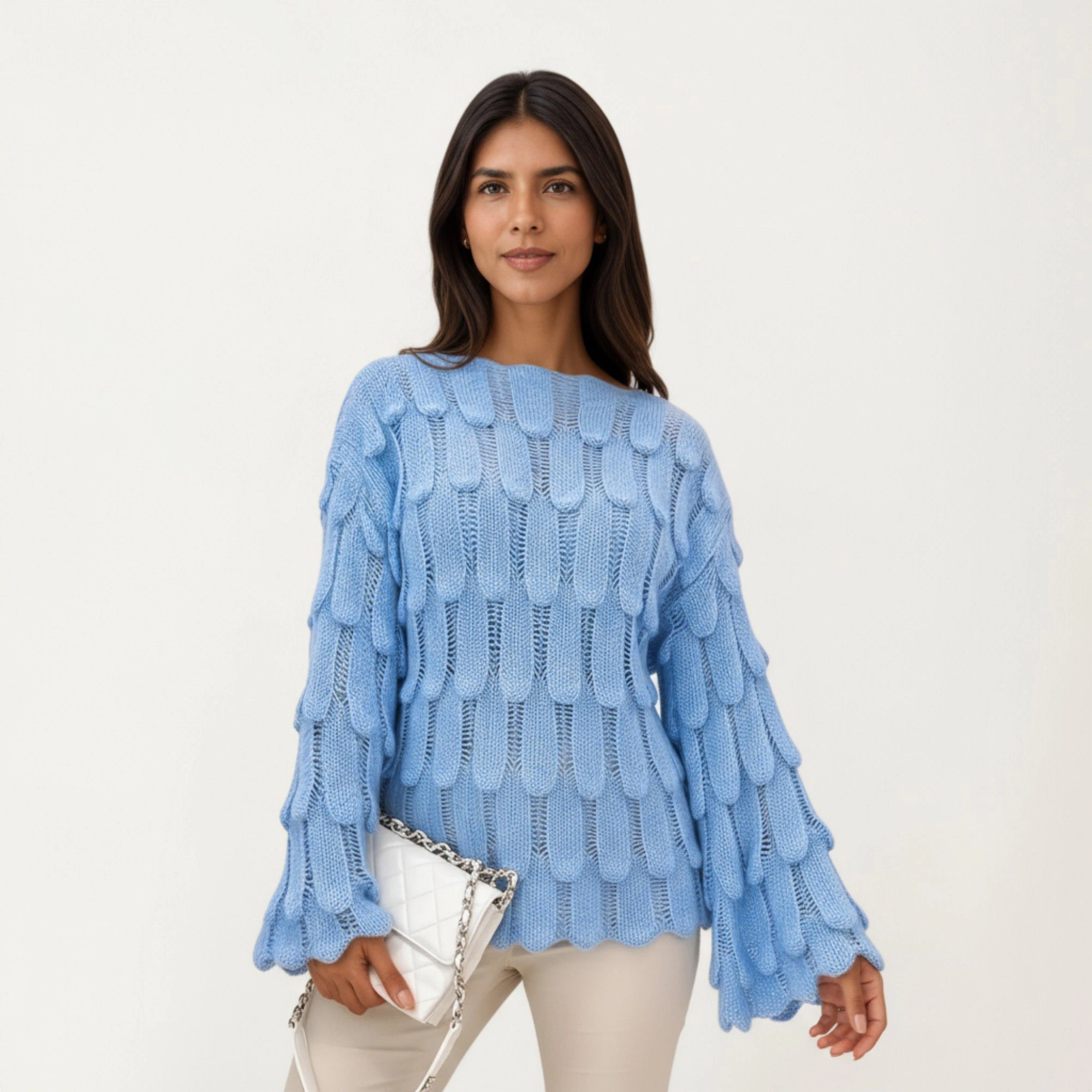 Anna-Kaci Women's Textured Loop Knit Sweater Top with Soft Open-Stitch Pattern Long Flared Sleeves Cozy Statement