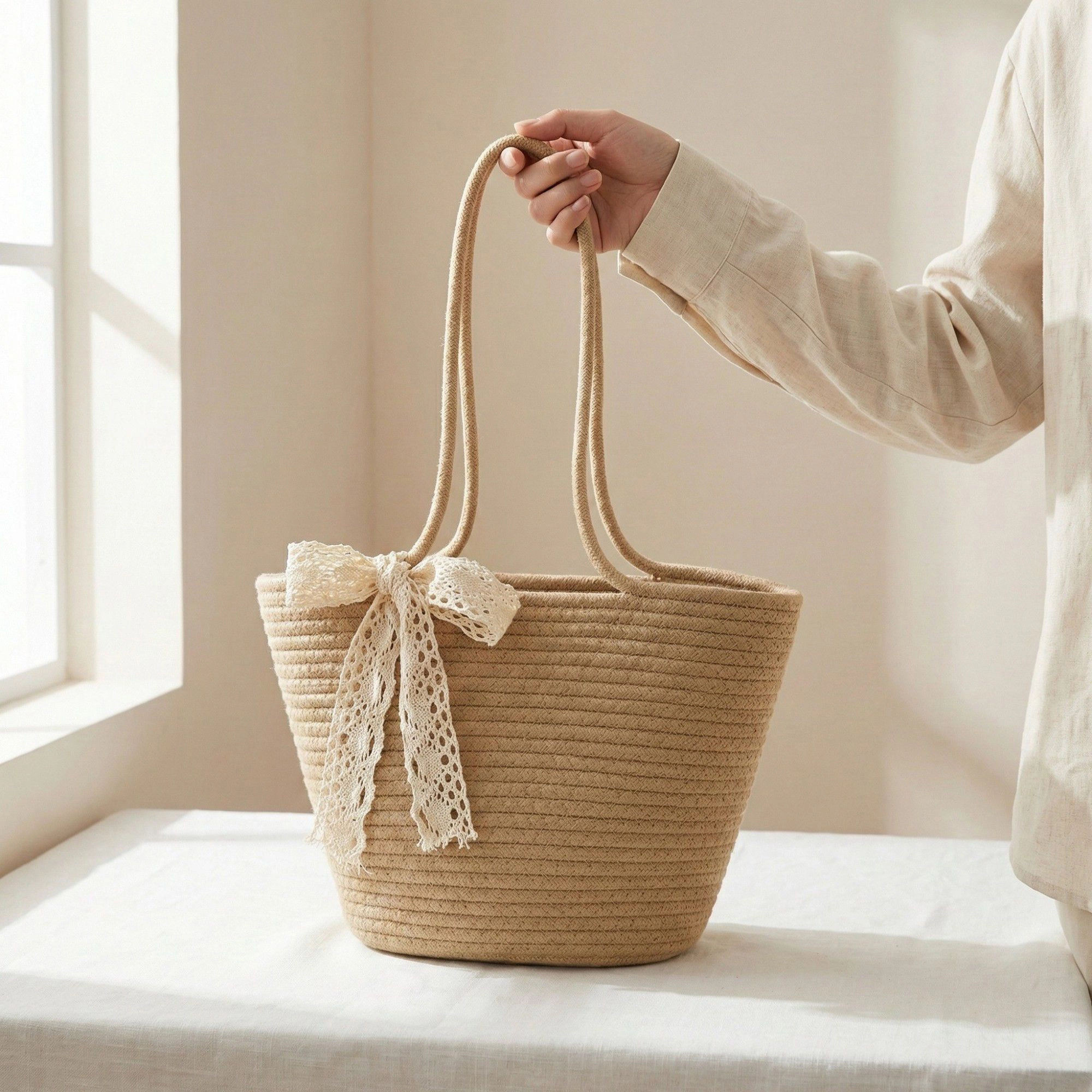 Alilang Women's Woven Crochet Tote Bag with Structured Silhouette Double Shoulder Handles 11.8x7.8x4in