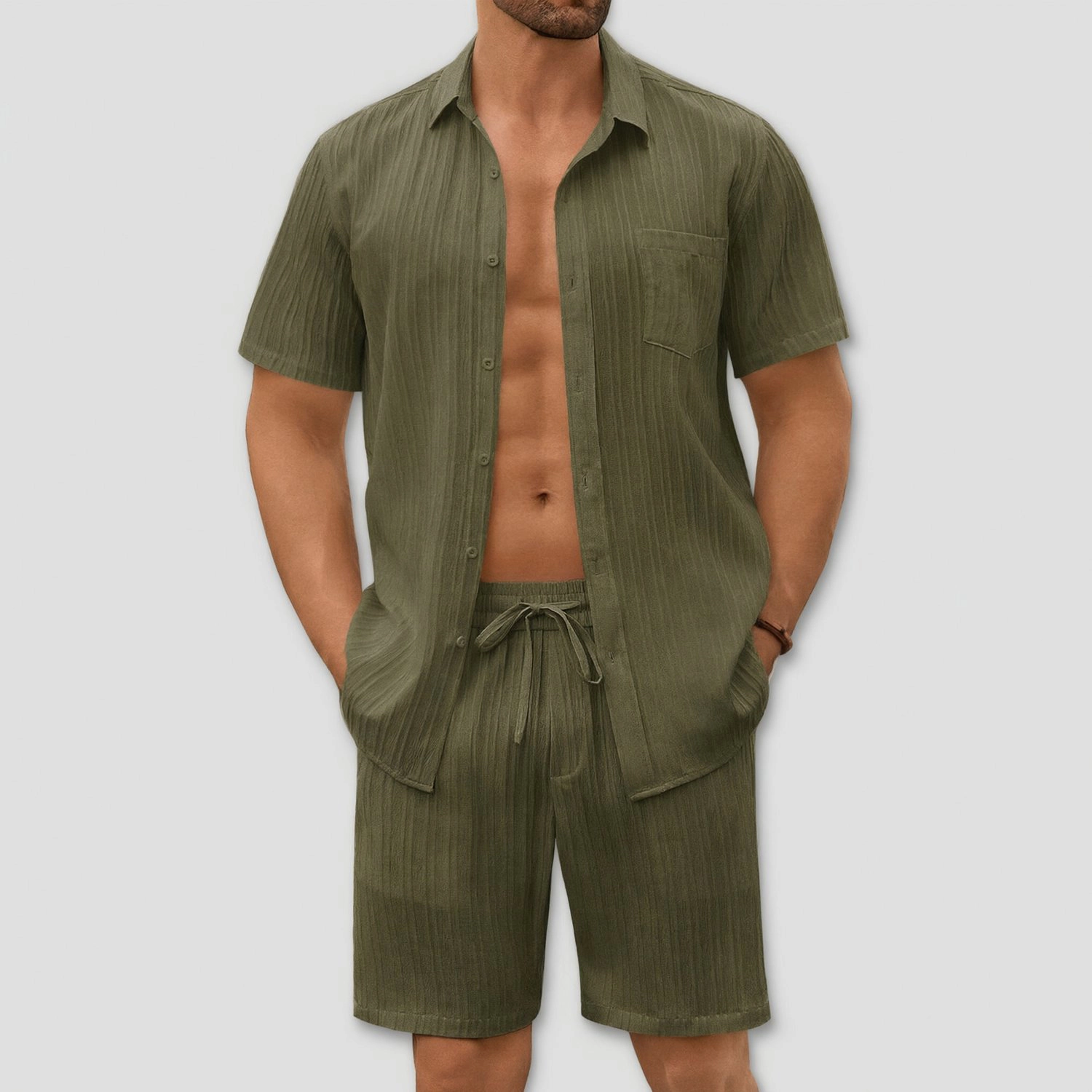 COOFANDY Mens  Two Piece Set Short Sleeve Button Down Shirt Striped Shorts