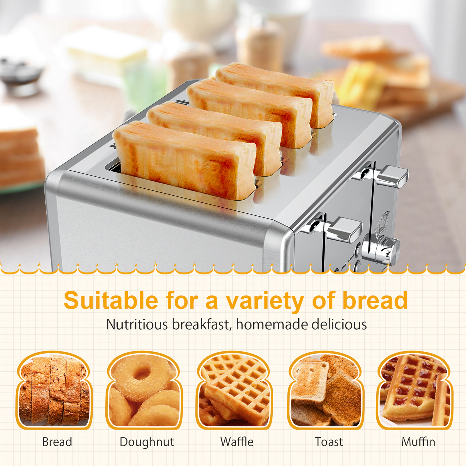 WHALL 4 Slice Stainless Steel Toaster with Dual Control Panels, 6 Shade Settings & Bagel Setting