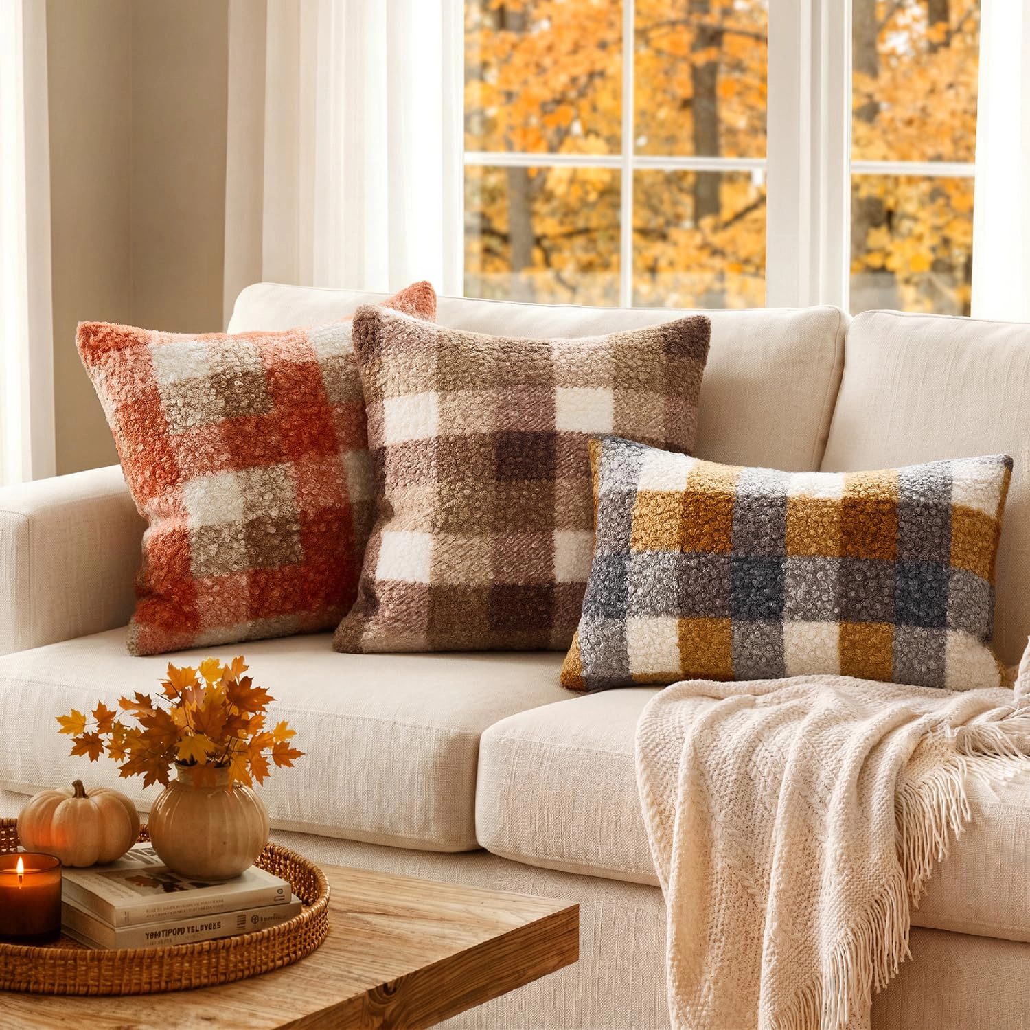 WZK Set of 2 Fall Plaid Boucle Farmhouse Cozy Pillow Covers