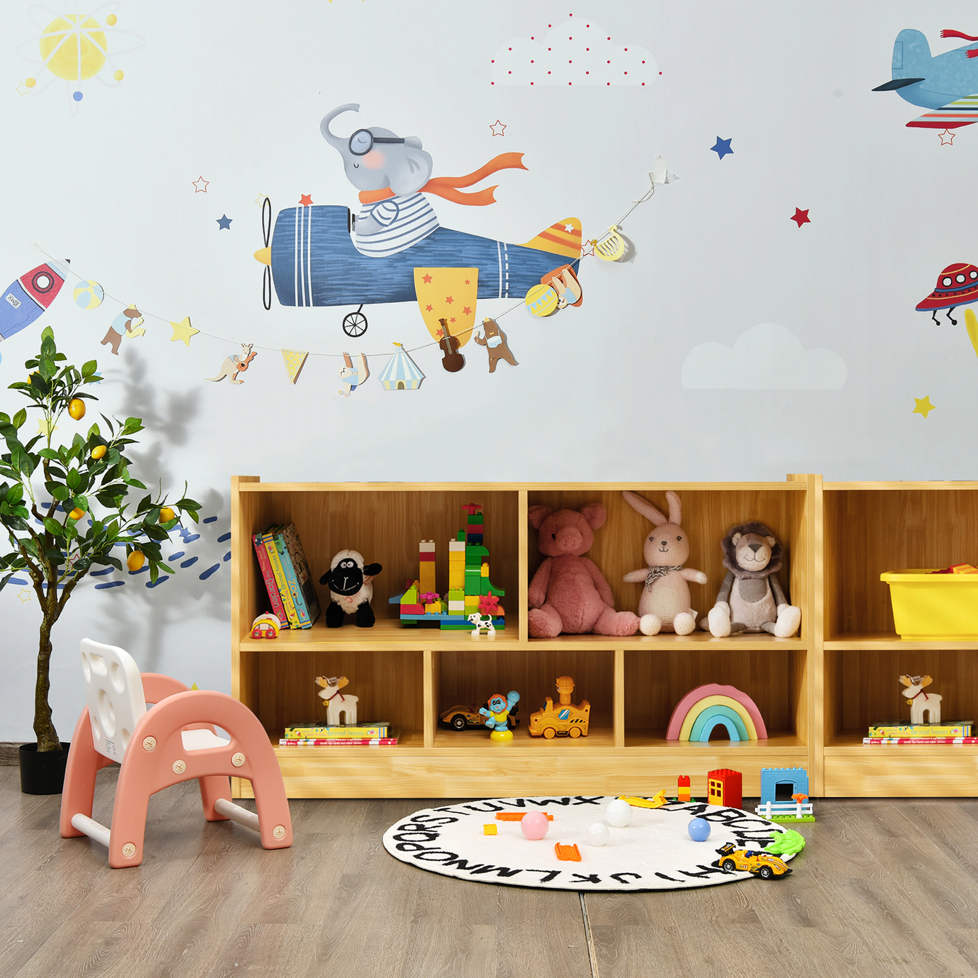 Costway Kids 2-Shelf Bookcase 5-Cube Wood Toy Storage Cabinet Organizer Grey