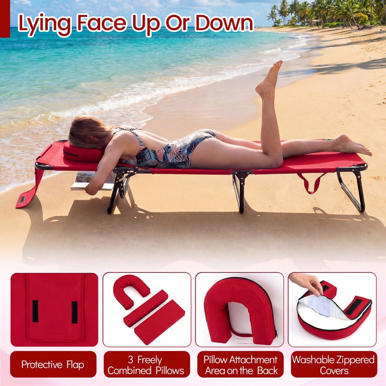 Face Down Tanning Chairs 2 Pack with Face Hole and 3 Removable Pillows Each Folding Beach Lounge Chairs Red