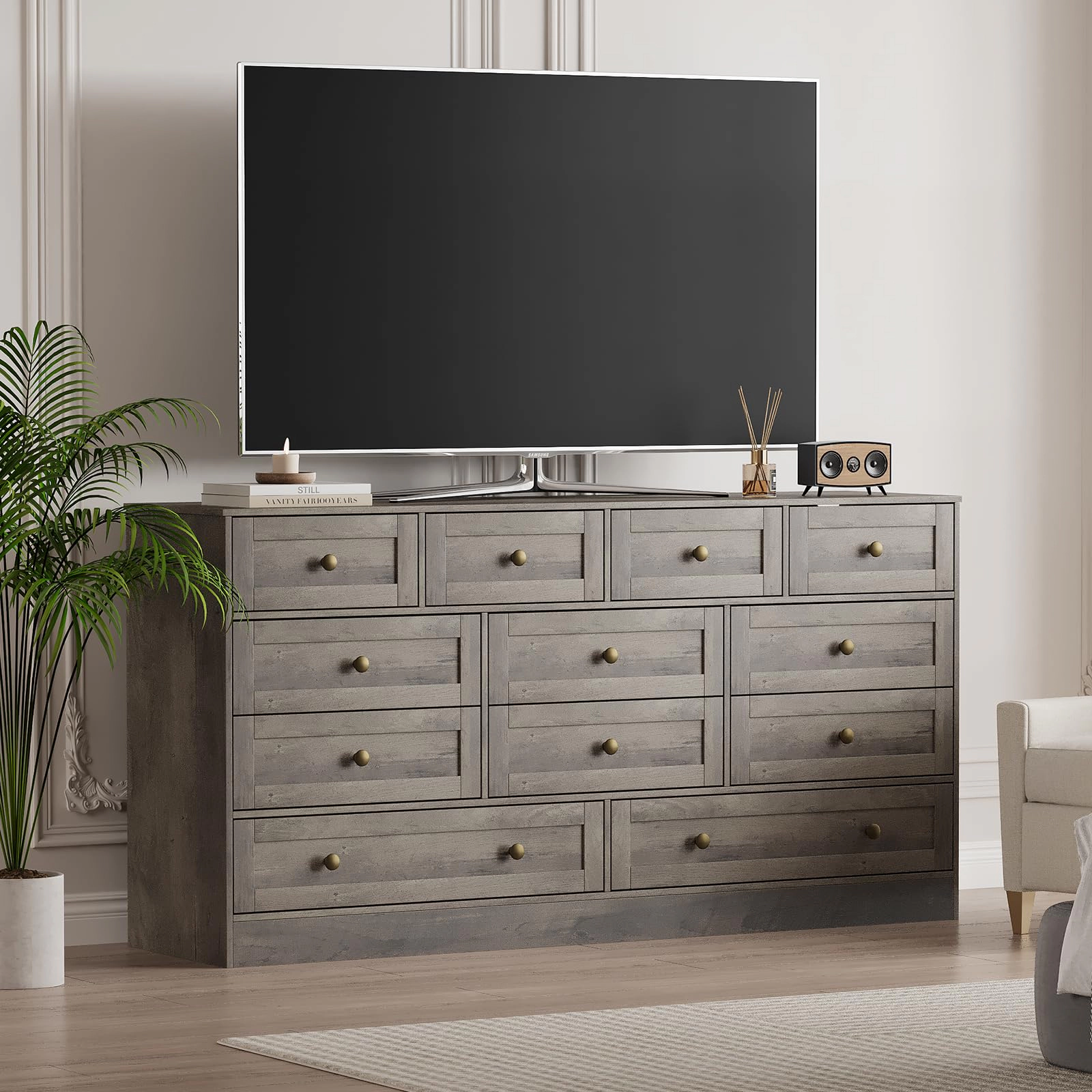 12 Drawer Wooden Dresser, Modern TV Stand for 65" TV, Storage Organizer Bedroom or Living Room