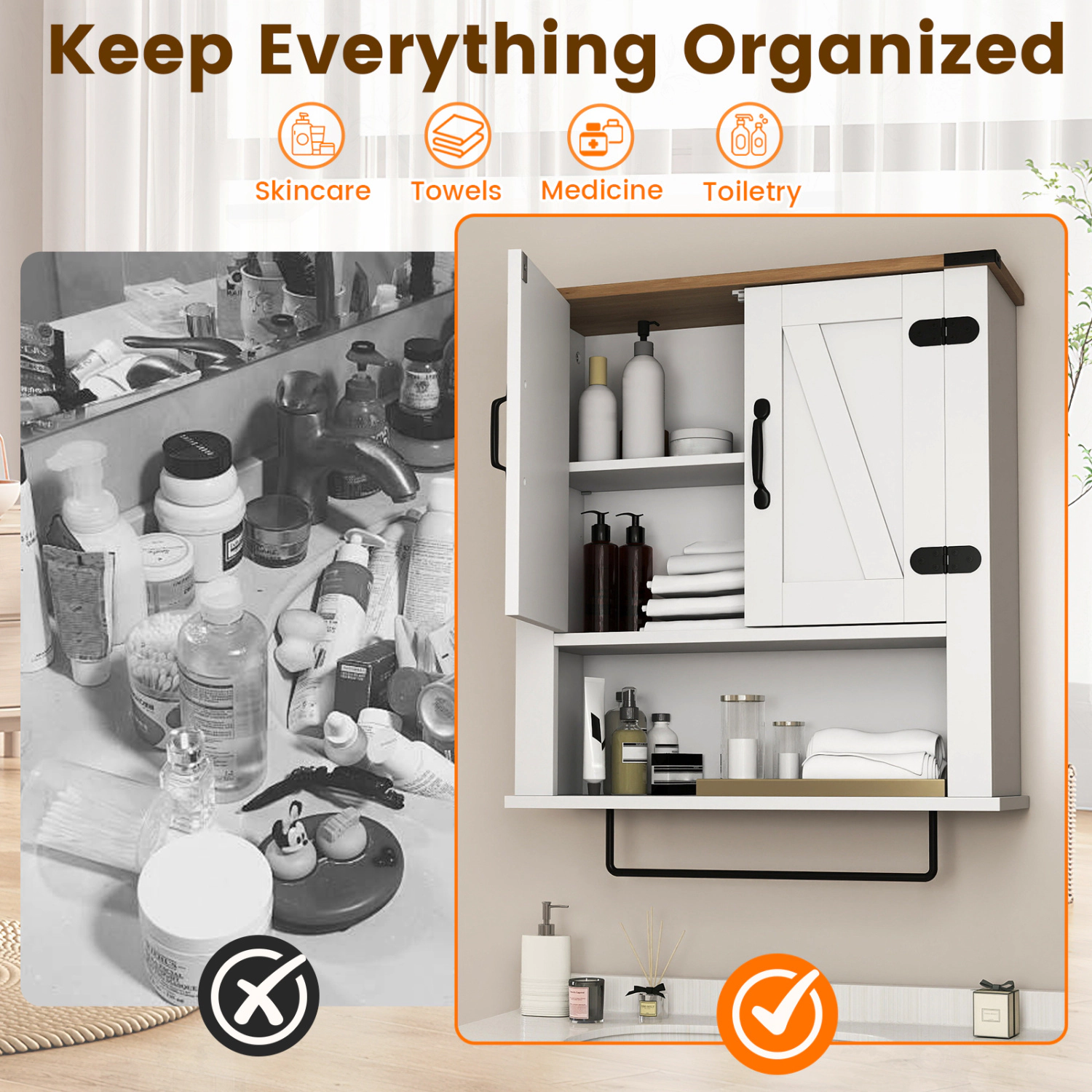 SlickBlue Wall Mounted Bathroom Cabinet with Towel Bar and Shelf