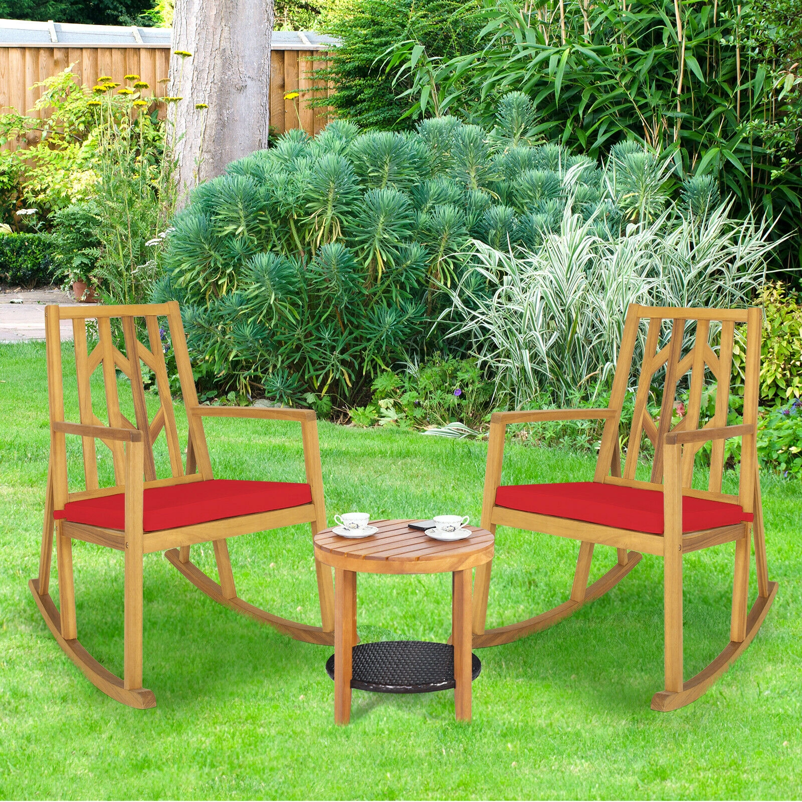 SUGIFT Natural Acacia Wood Outdoor Rocking Chair, 350-lb Capacity, Washable Cushion