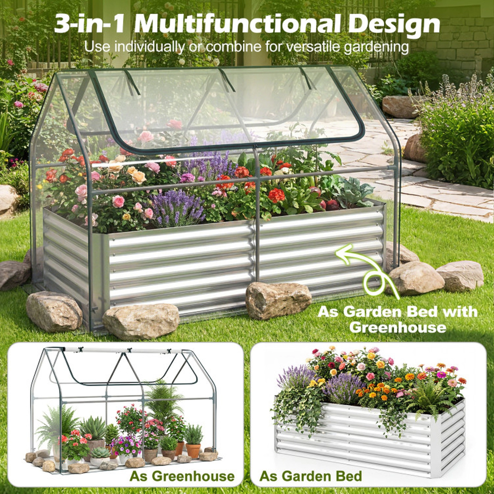 SUGIFT Galvanized Raised Garden Bed with Mini Greenhouse Cover Outdoor Planter Silver + Clear