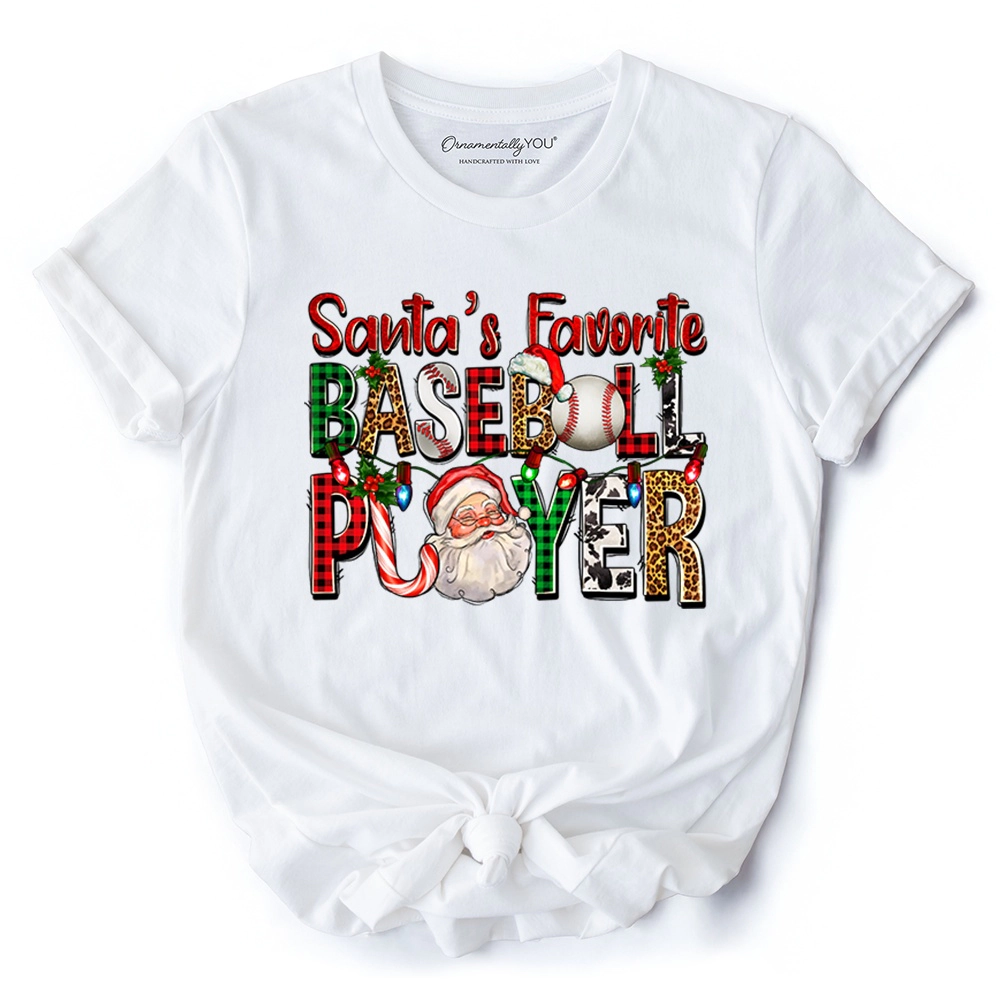 OrnamentallyYou Mens Santa's Favorite Baseball Player Plaid Christmas T-Shirt