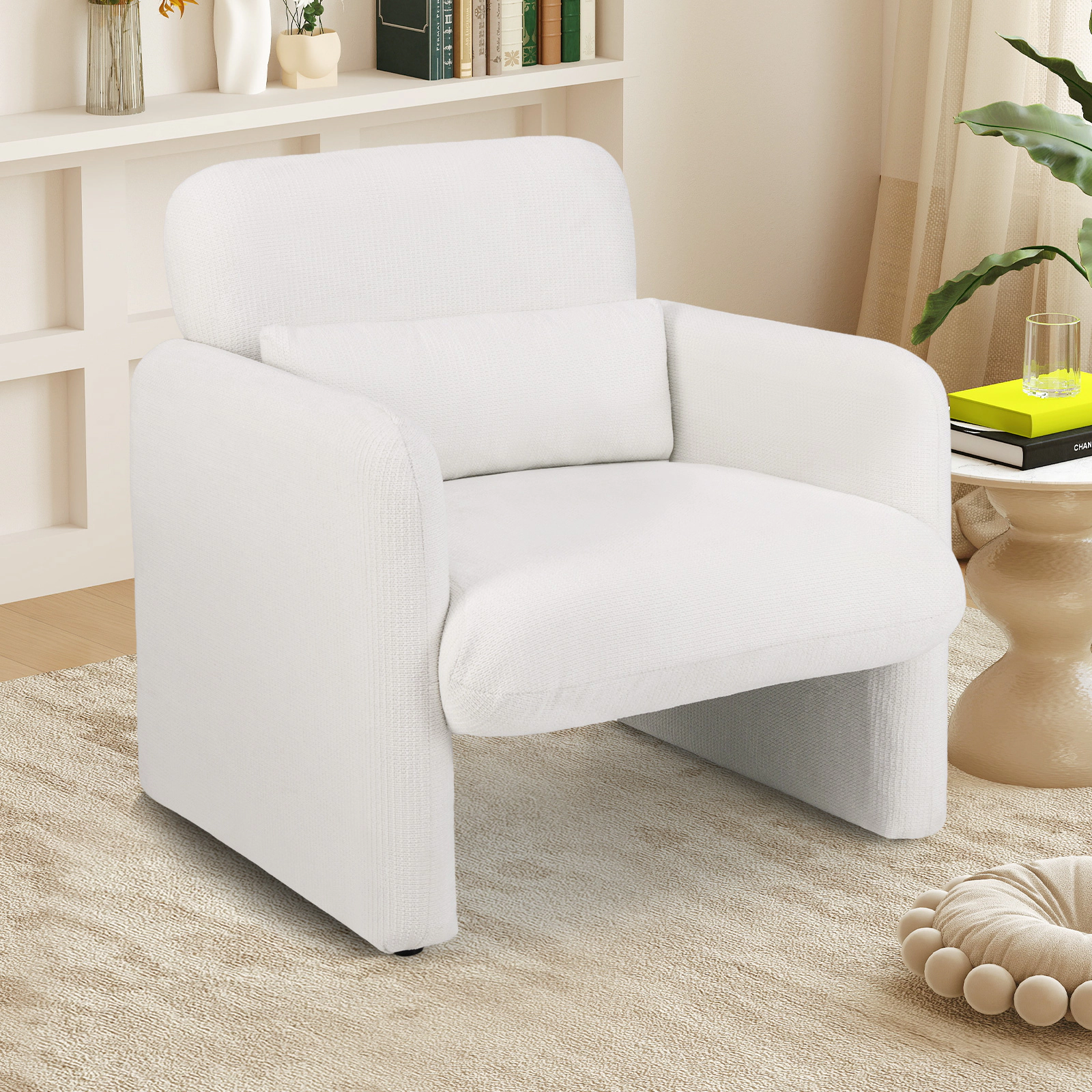 SUGIFT Modern Upholstered Chenille Accent Chair with Removable Lumbar Pillow 330-lb Capacity White