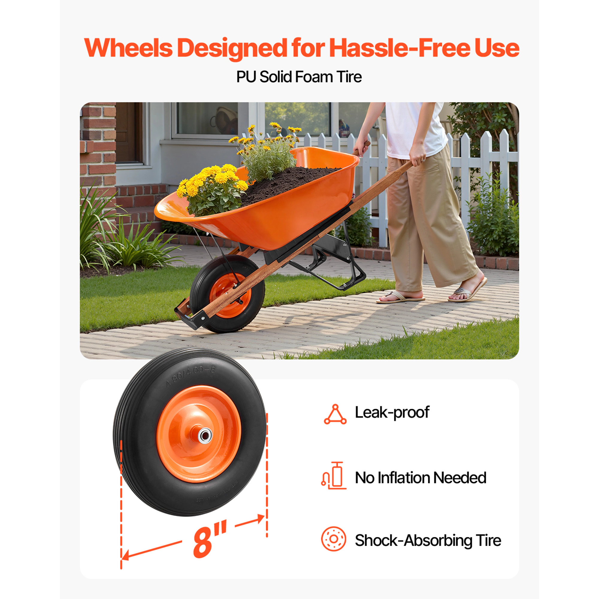 HONGGE Wheelbarrow Cart, Garden Dump Cart Wheel Barrow with Metal Handle & 16 Track Wheels
