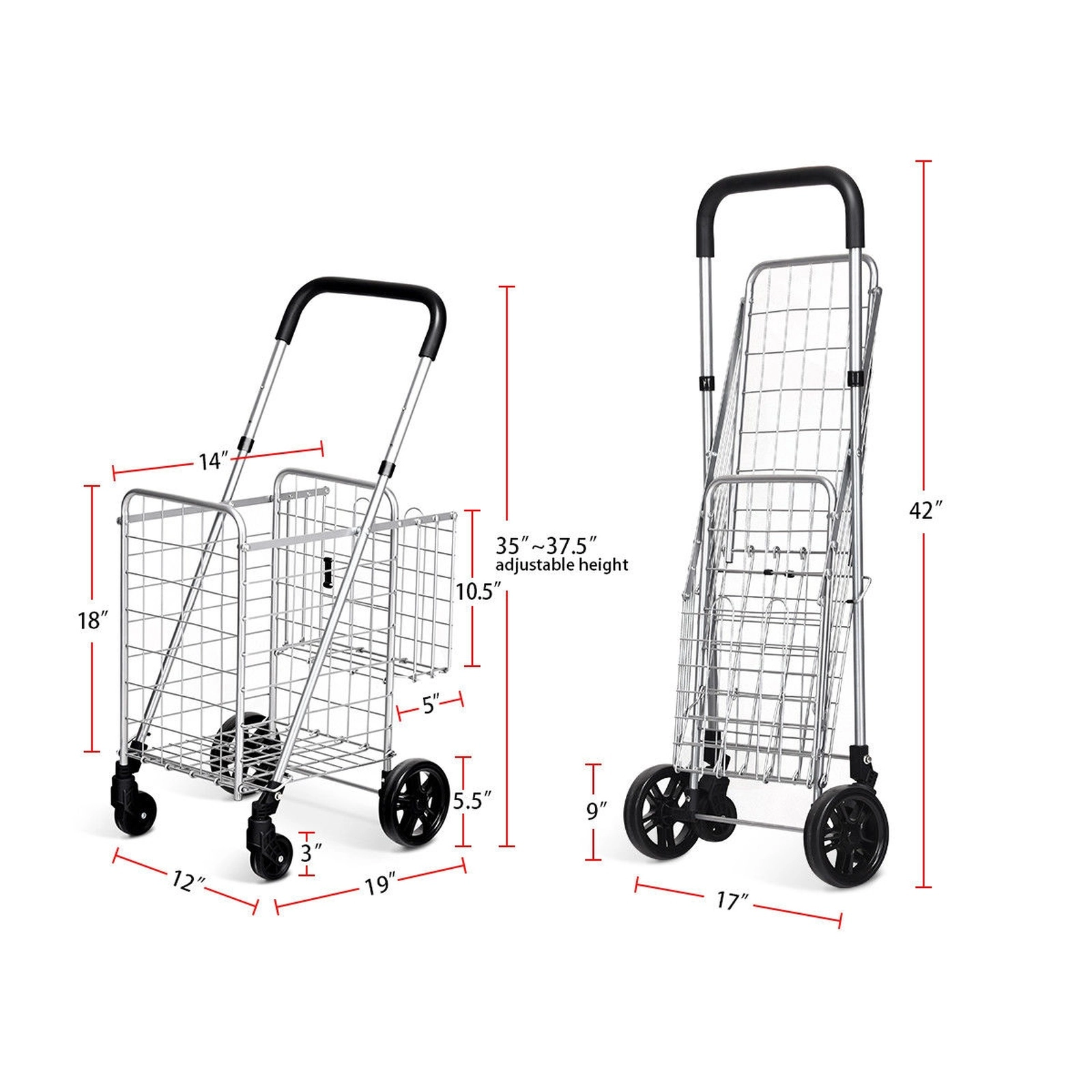 SUGIFT Folding Two-Basket Shopping Cart Rolling Trolley with Adjustable 35-37.5-in Handle 44-lb Capacity Black/Silver