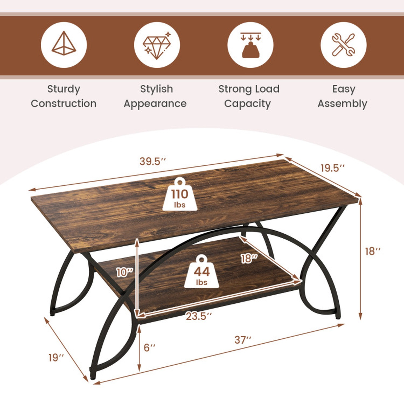 SUGIFT 2-Tier Arched Steel Frame Wood Grain Top Coffee Table 39.5-in x 19.5-in x 18-in 110-lb Capacity Rustic Brown