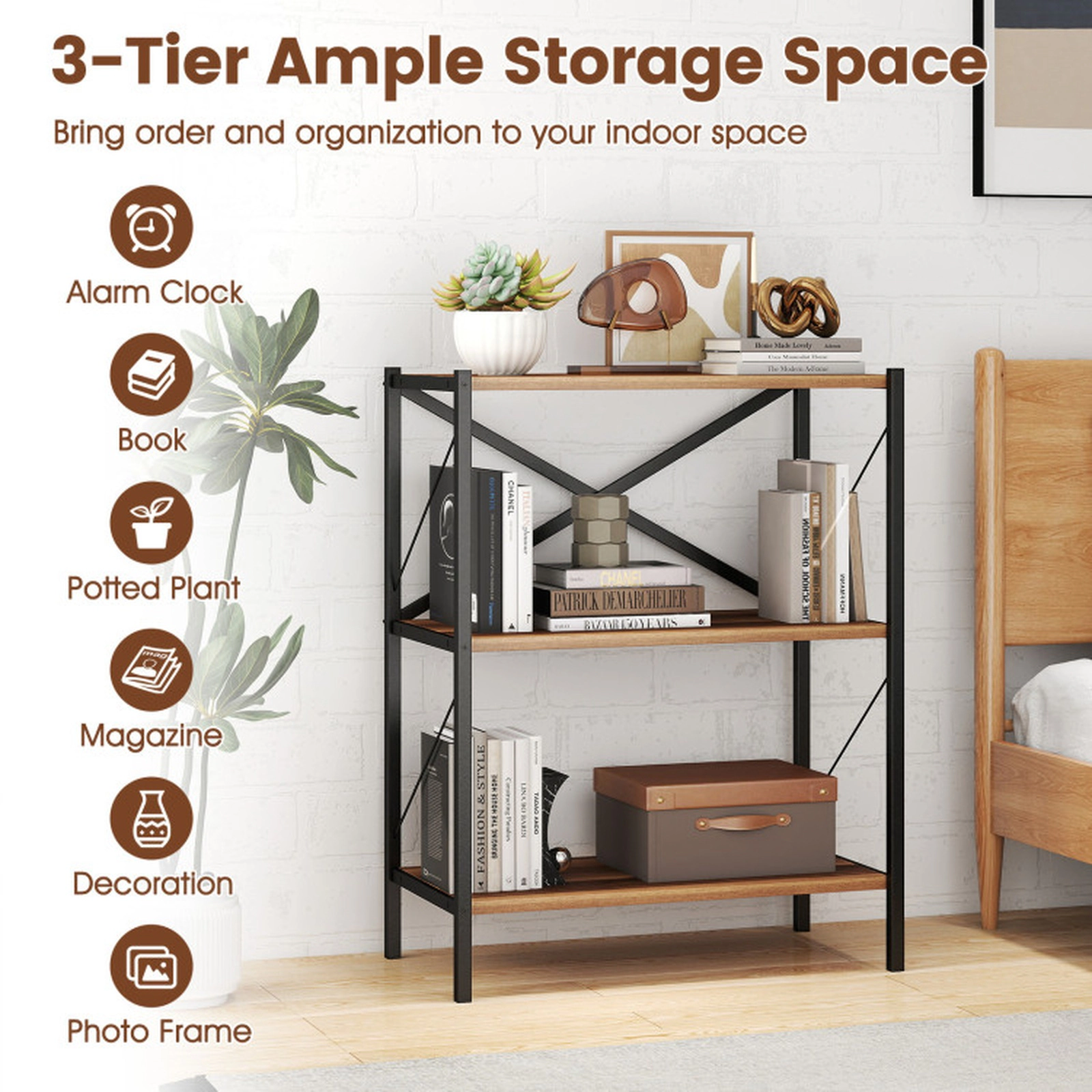 SUGIFT 3-Tier Walnut 33.5-in Short Bookshelf with Heavy-Duty Metal Frame X-Brace and 4-in Clearance